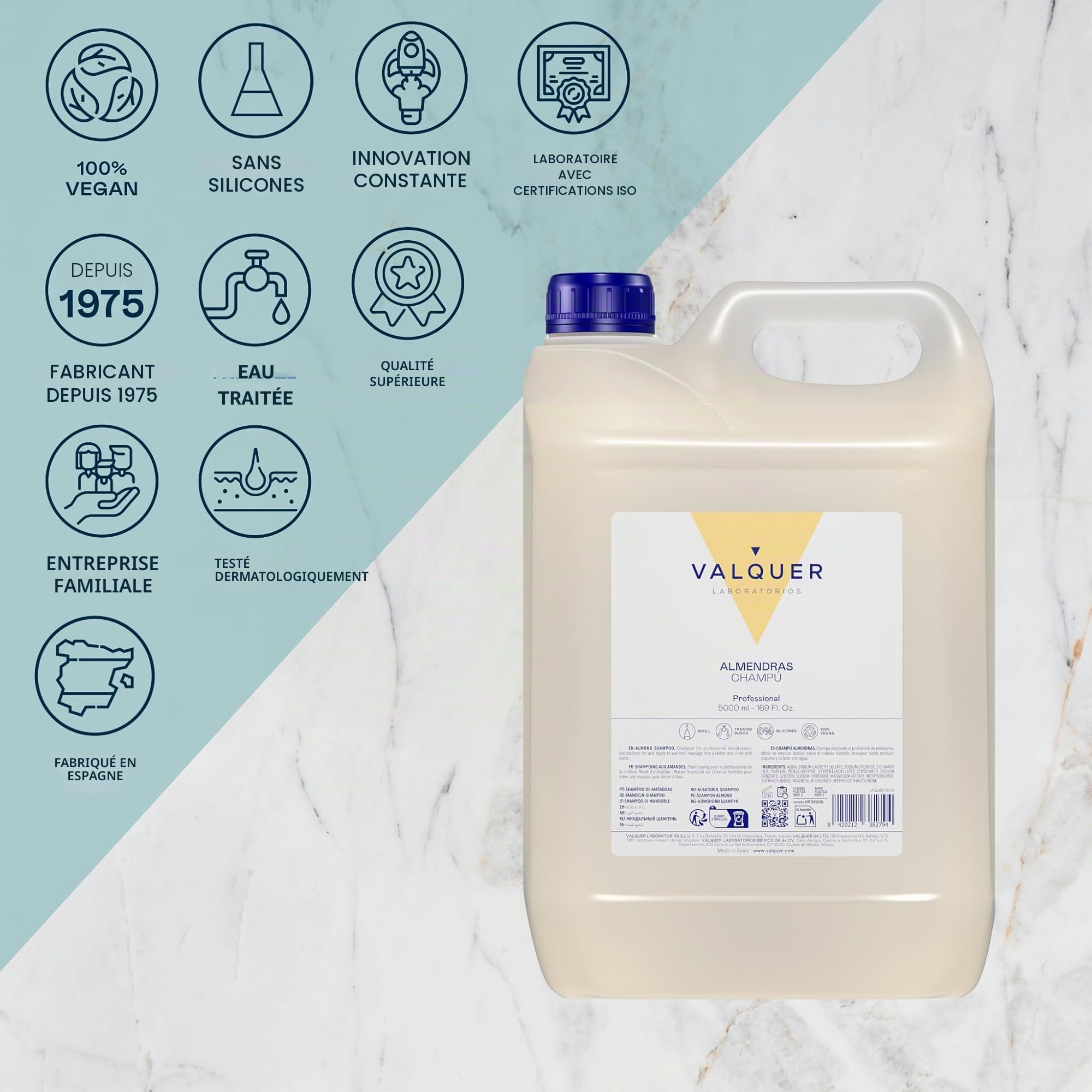VALQUER Shampoing Professionnel Amande Douce 5L - Shampoing Usage Fréquent Vegan Sans Silicones, Tous Types de Cheveux, Grand Format pour Salon de Coiffure et Usage Intensif