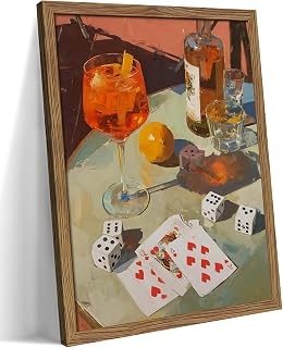 Vintage Framed Cocktail Canvas Wall Art, Retro Dice and Cards Poster Print, Alcohol Drink Bar Cart Wall Decor, Gambling Table Still Life Pictures Pub Decor for Living Room Game Room 16x24 inch