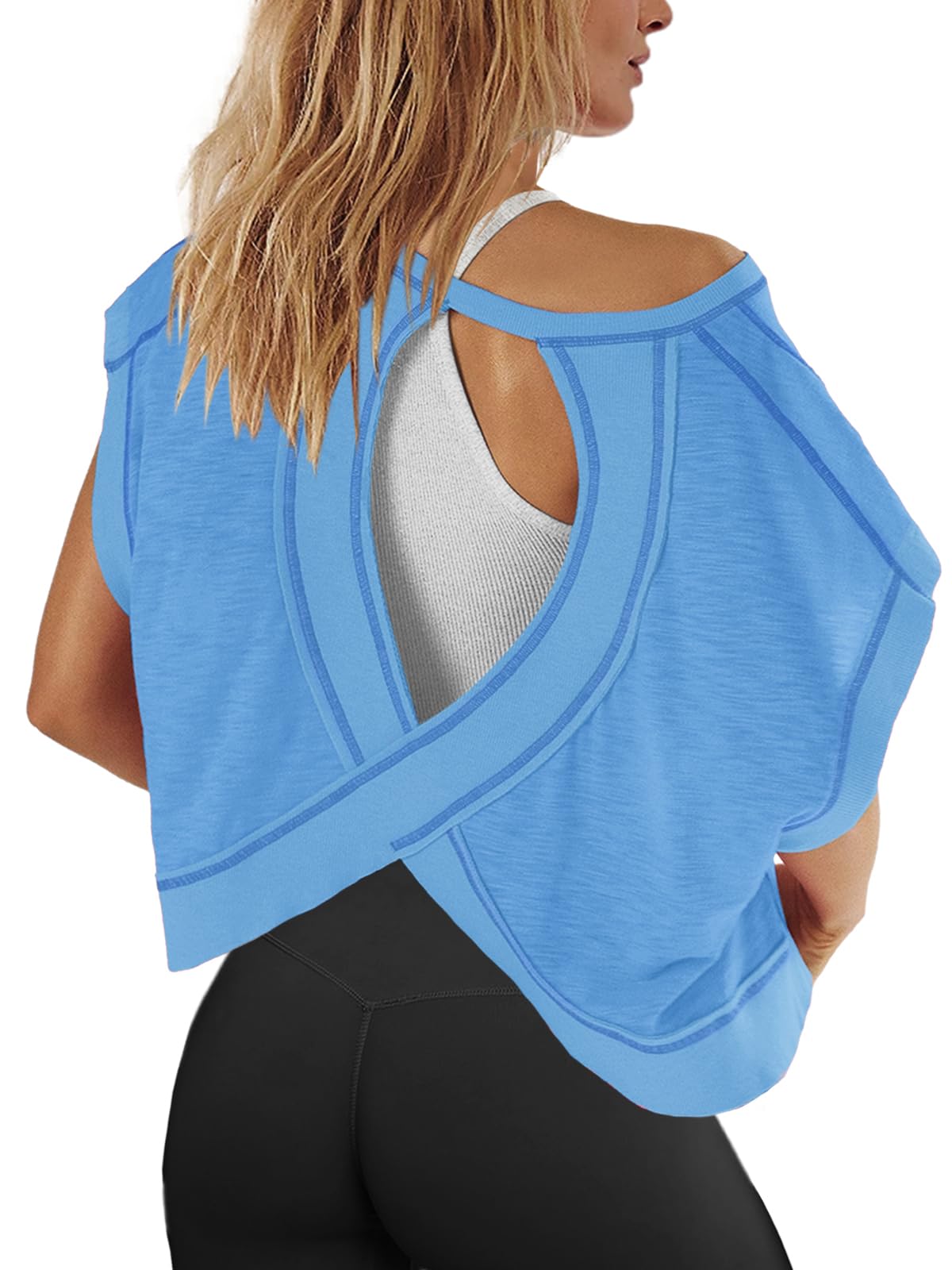Panadila Womens Open Back Workout Top Oversized Workout T Shirts Backless Athletic Shirt Short Sleeve Baby Tee