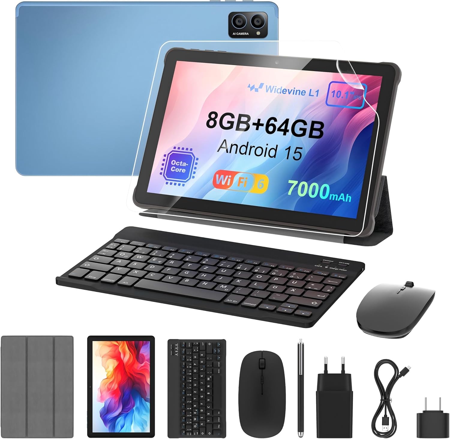 Tablet 10 Zoll Android 15: 2026 Neueste 7000mAh Octa-Core 8GB RAM+64GB 1TB TF Tablet PC WiFi 6 2.4G/5G Bluetooth 5.0 1280 * 800 FHD GMS Dual Kamera mit Tastatur Maus, Typ C, Adapter, Hülle, OTG, Stift