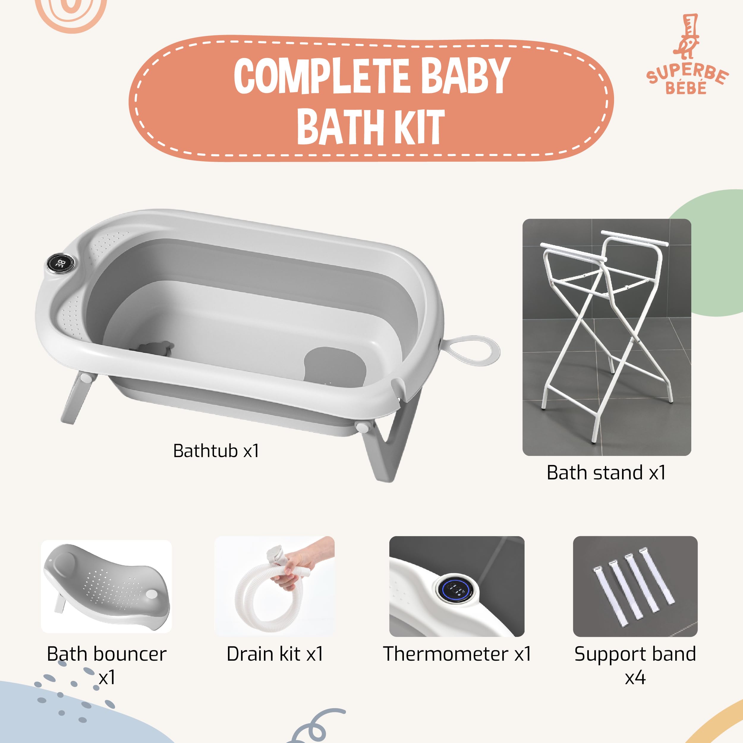 SUPERBE BEBE Składana wanna dla dzieci z nogami i stojakiem – Baby Bathtub XXL z termometrem, ergonomicznym siedziskiem i rurką odpływową – od noworodka do 3 lat - Cadeau Baby