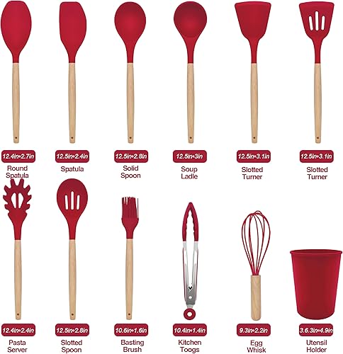 Miniatura 2 de Juego de utensilios de cocina de 12 piezas antiadherentes de silicona con mango de madera, juego de utensilios de cocina de silicona con soporte,