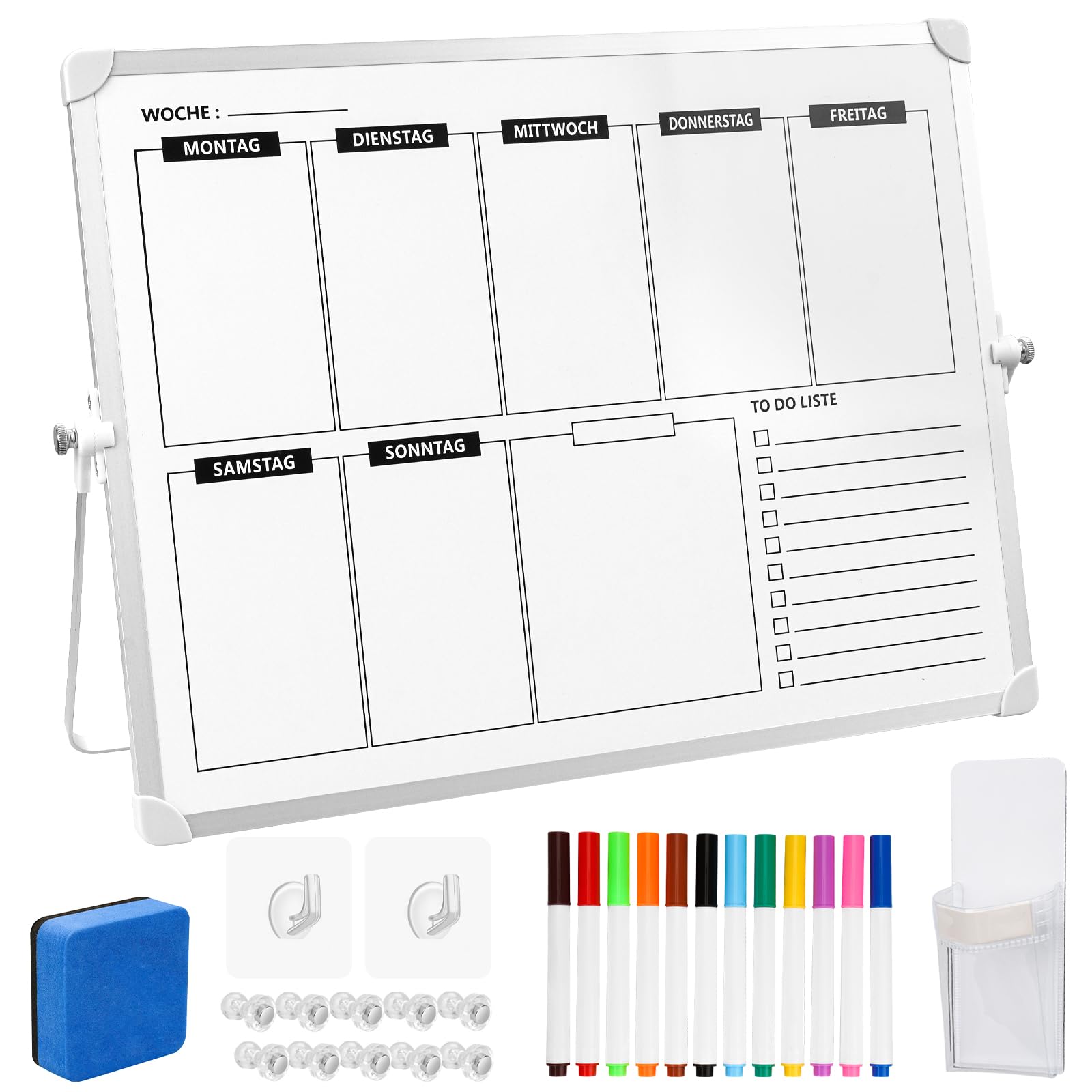 Doppelseitiger Wochen Monatsplaner 30 x 40 cm, Magnetisches Whiteboard Abwischbar mit Tischständer, 12 Markern, Transparenten Magnet-Pins, Radierer und Klebehaken für Küche, Büro Zuhause