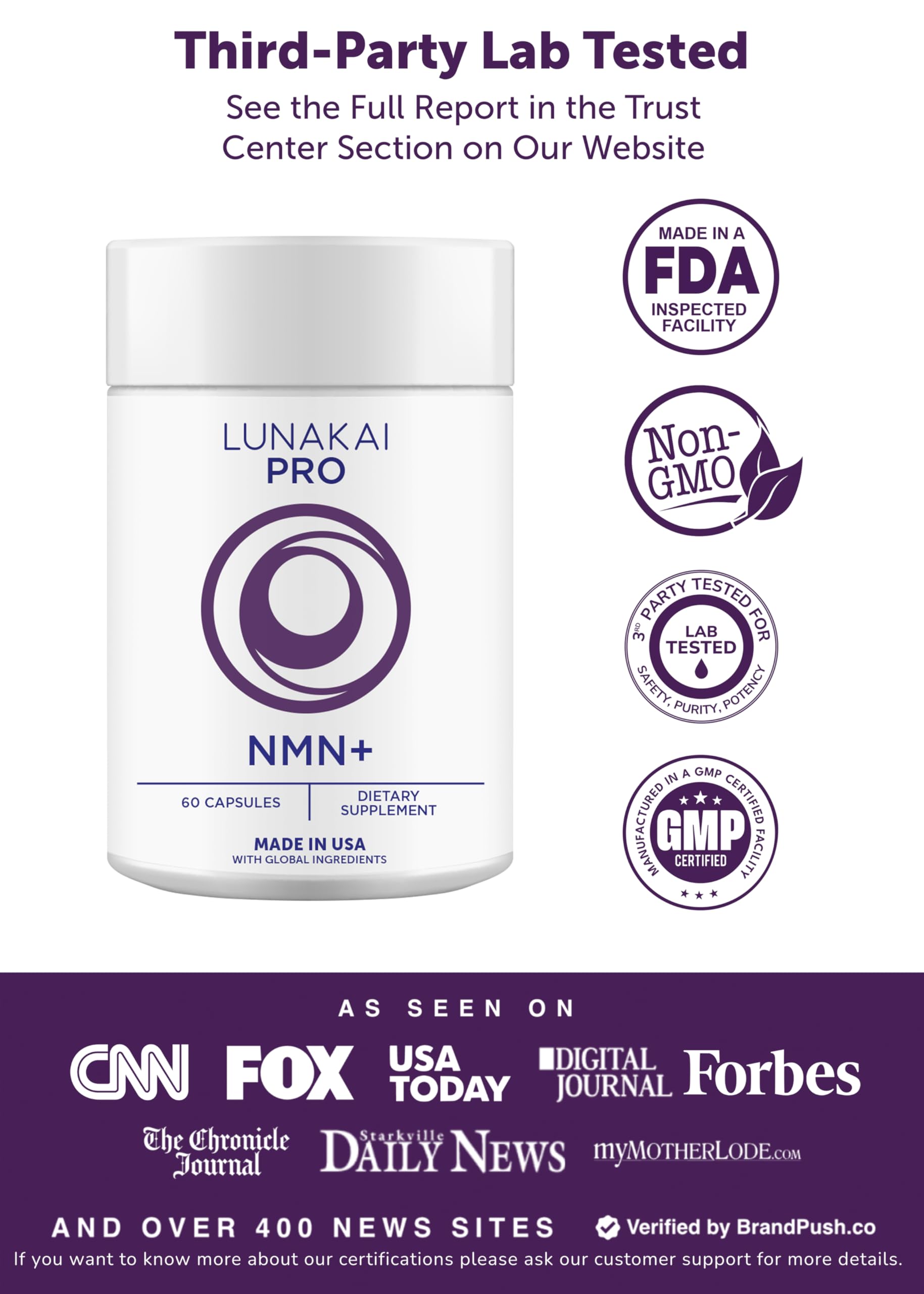 Lunakai USA Made 99% Pure NMN Supplement 500mg with Resveratrol & TMG, 60ct — Amazon image 5