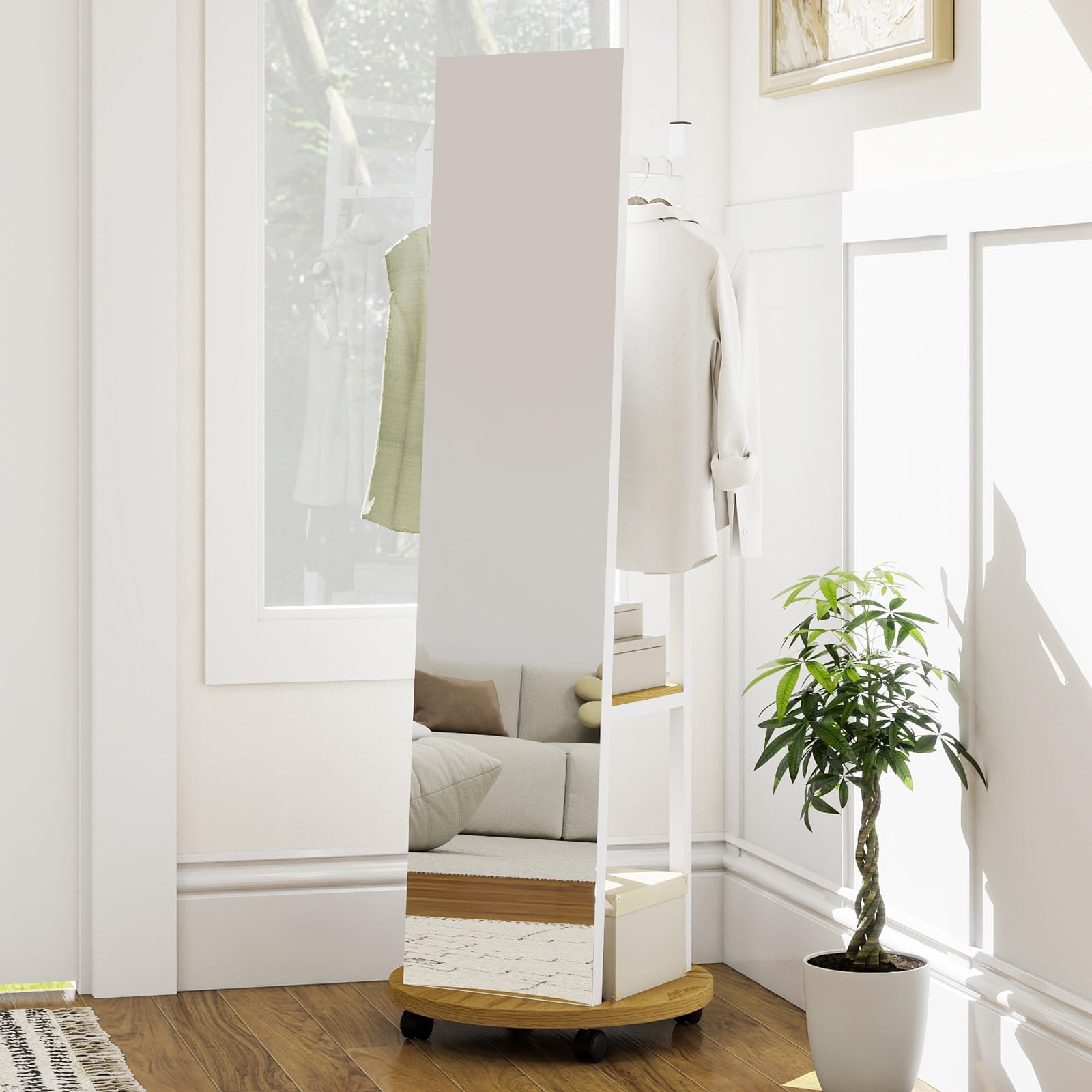 COSTWAY Miroir sur Pied Grand avec Porte-Manteau 4 Roues Pivotantes 360° 3 Crochets Cadre Métal 45 x 135 cm Blanc Naturel