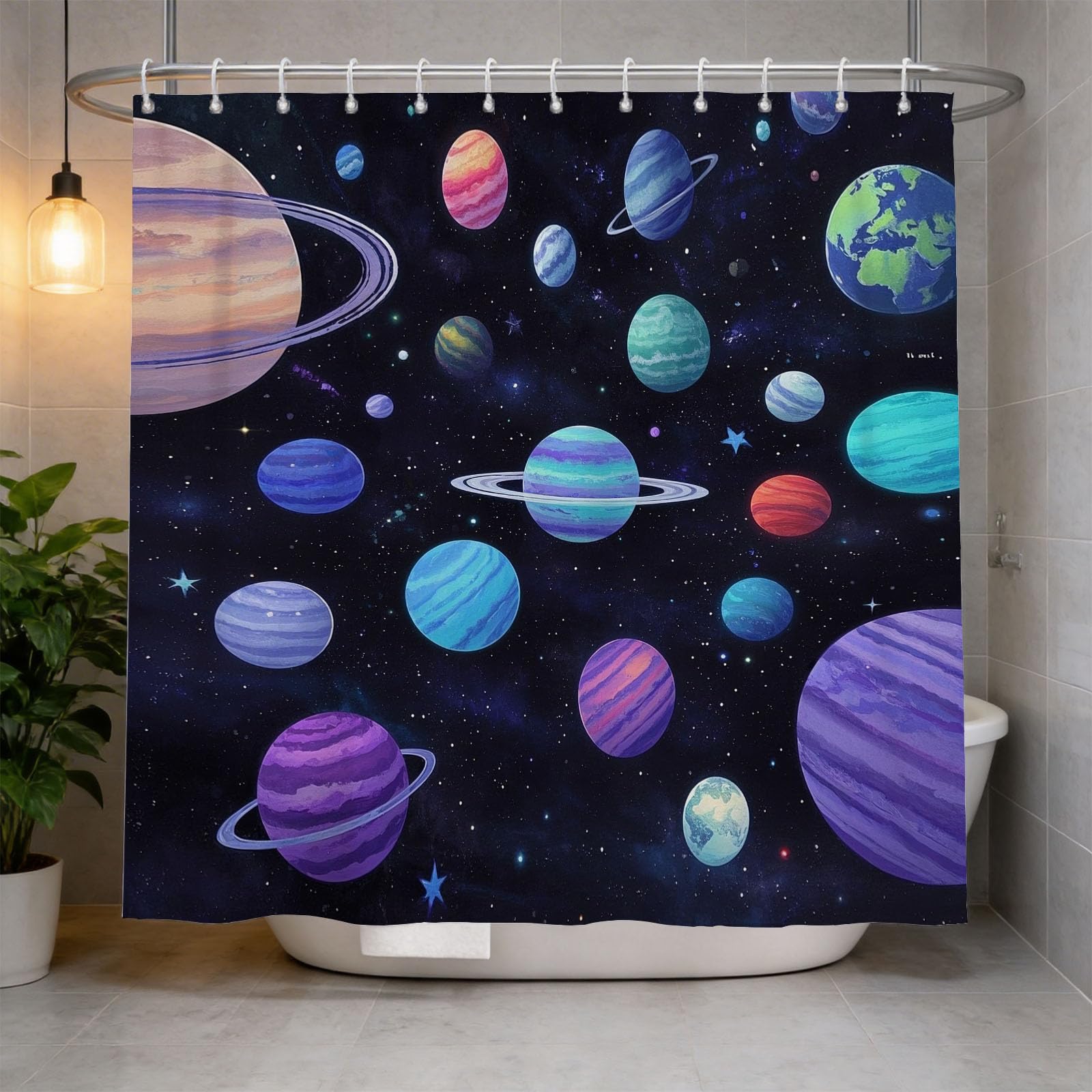 Hongduo 3D Cartoon Planet Universe Shower Curtain for Stalls Bathtubs Painting Bathroom Decor Shower Curtain Set Polyester Fabric Waterproof 120x180cm/48X71 Inch with Hooks