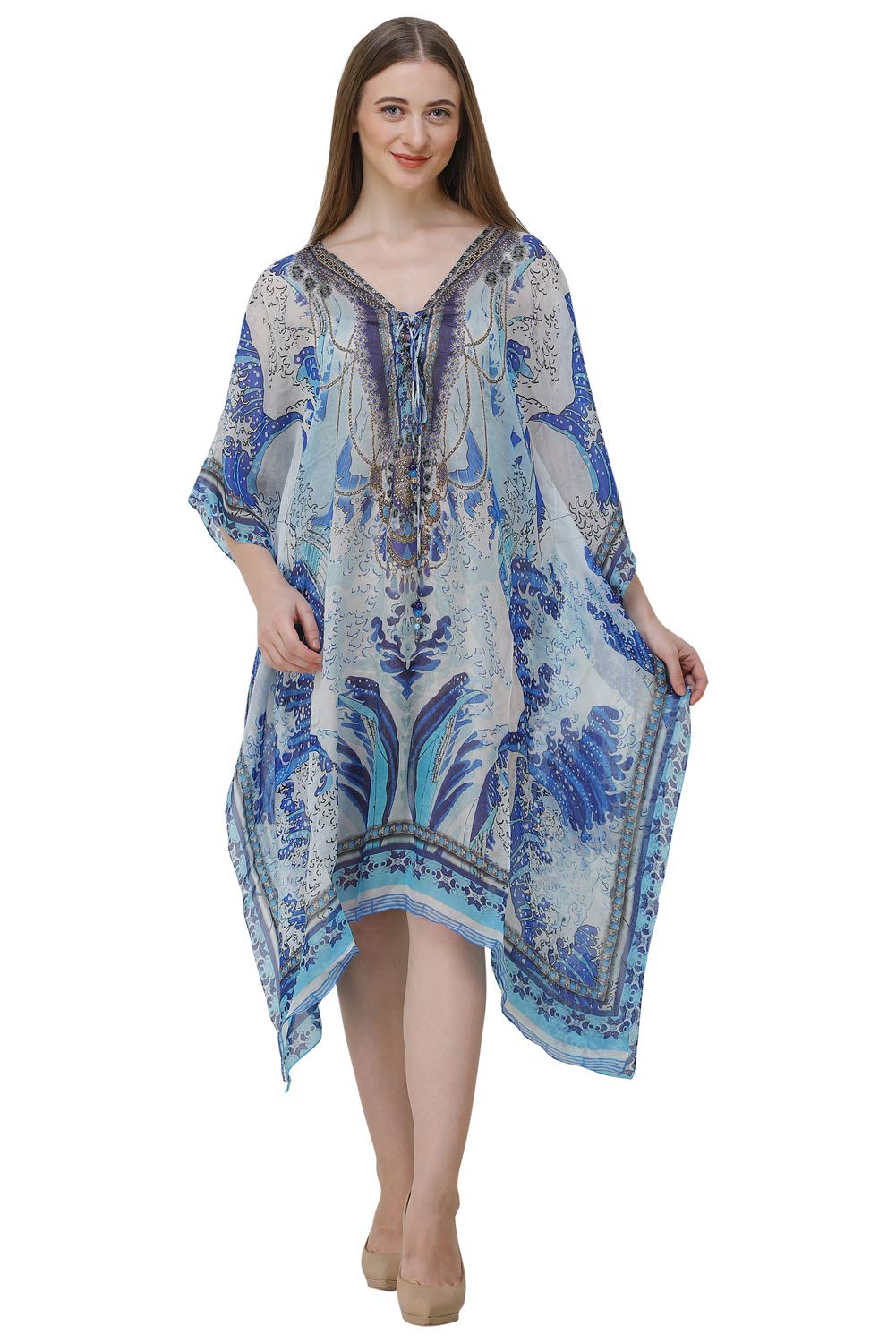 Georgette Digital Printed Beach Wear Designer Kaftan Multicolored Free Size fro Women's R101 | Multicolor 48 | Free Size