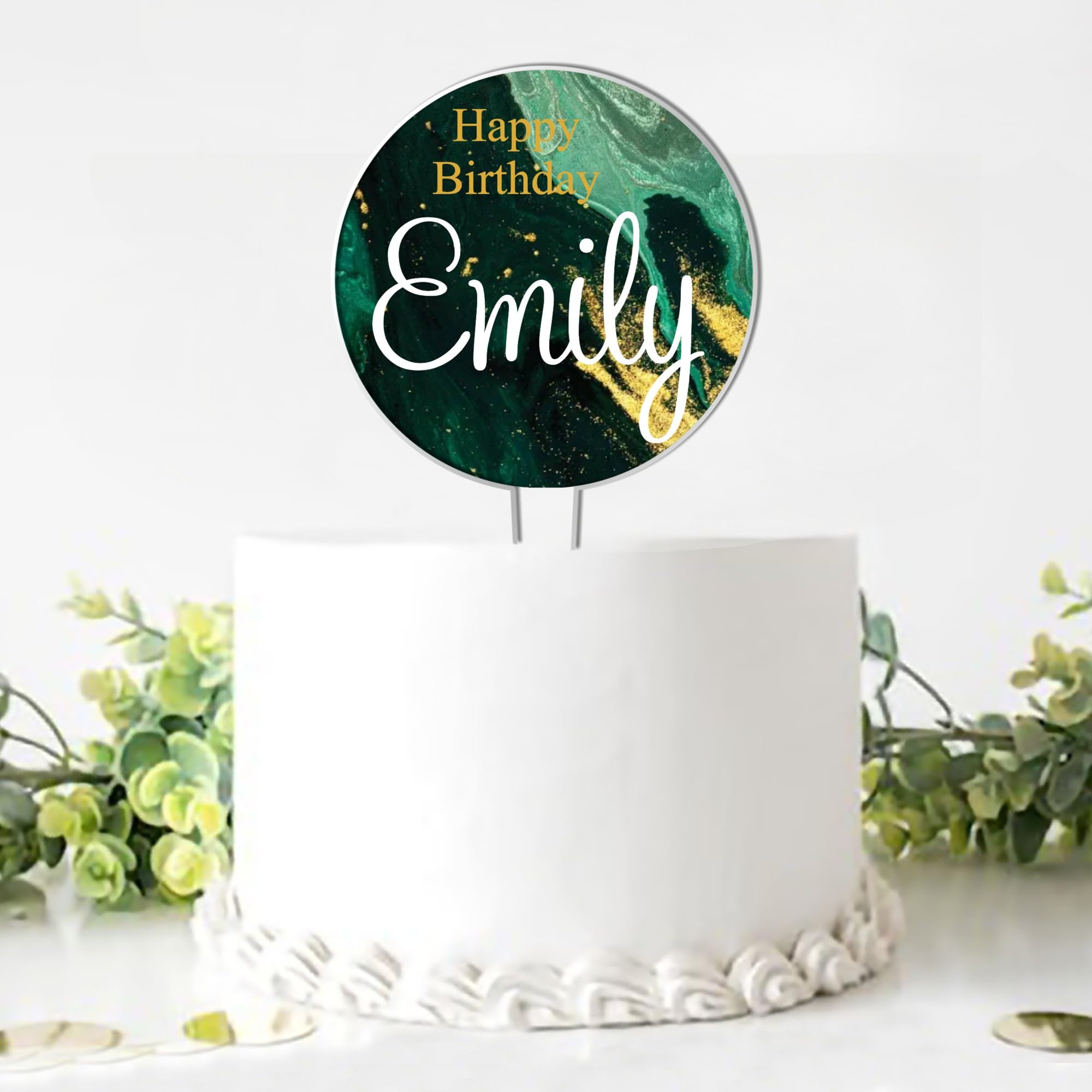 Personalised Acrylic Any Age Birthday Cake Topper – Custom Own Name with 8 Marble Efeect Print Designs To Choose From - Special Birthday Keepsake (Green & Gold)