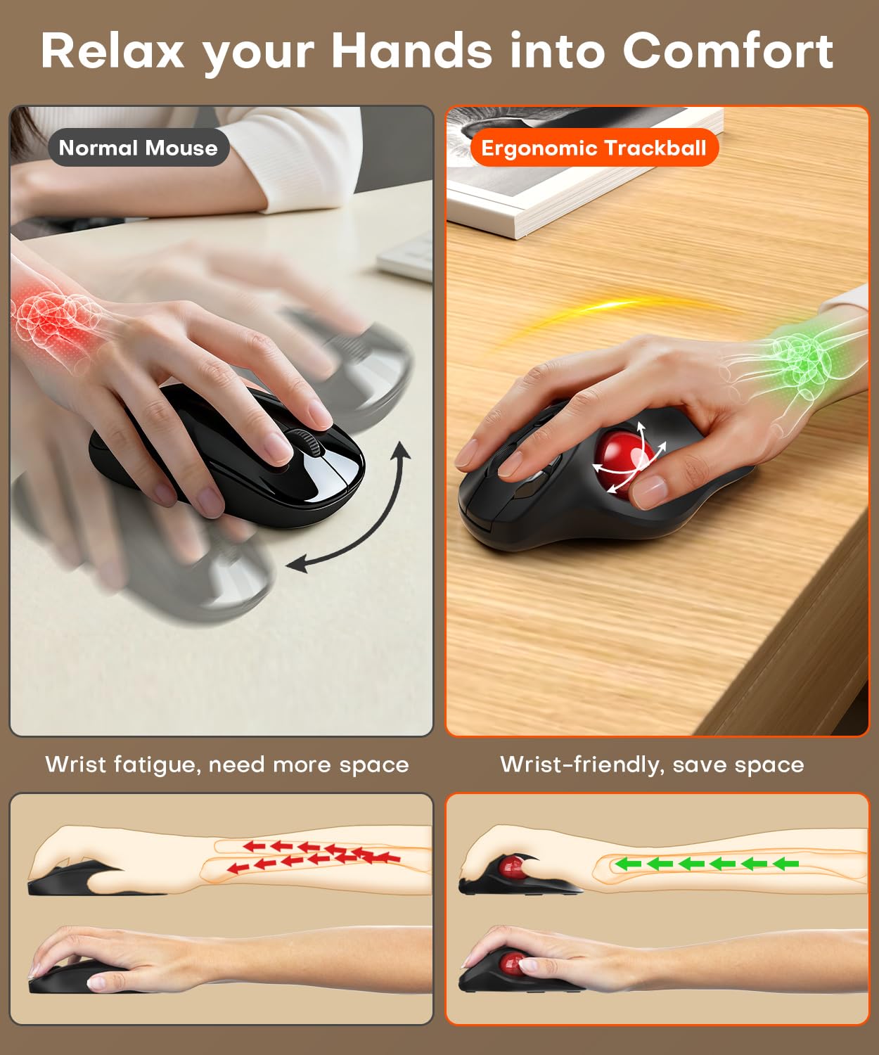 Omikamo Mouse ergonomico senza fili trackball, Bluetooth e 2,4 G, rosso