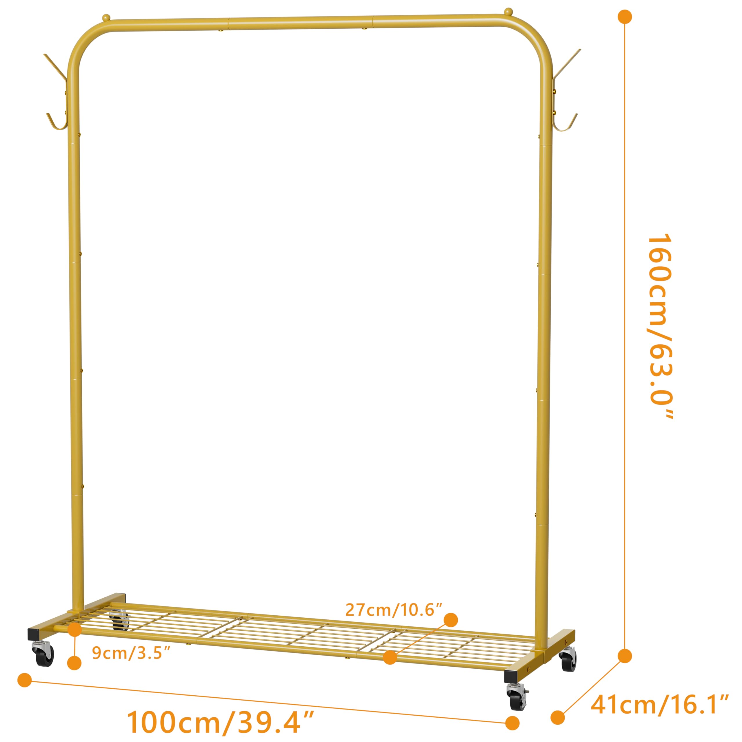 Clothes Rail, Portable Clothes Rack with Hook and Metal Storage Shelf, Heavy Duty Clothes Rail on Wheels, Clothing Rail Clothes Rails for Bedroom, Hanging Rails for Clothes, Holds up to 40 kg, Golden