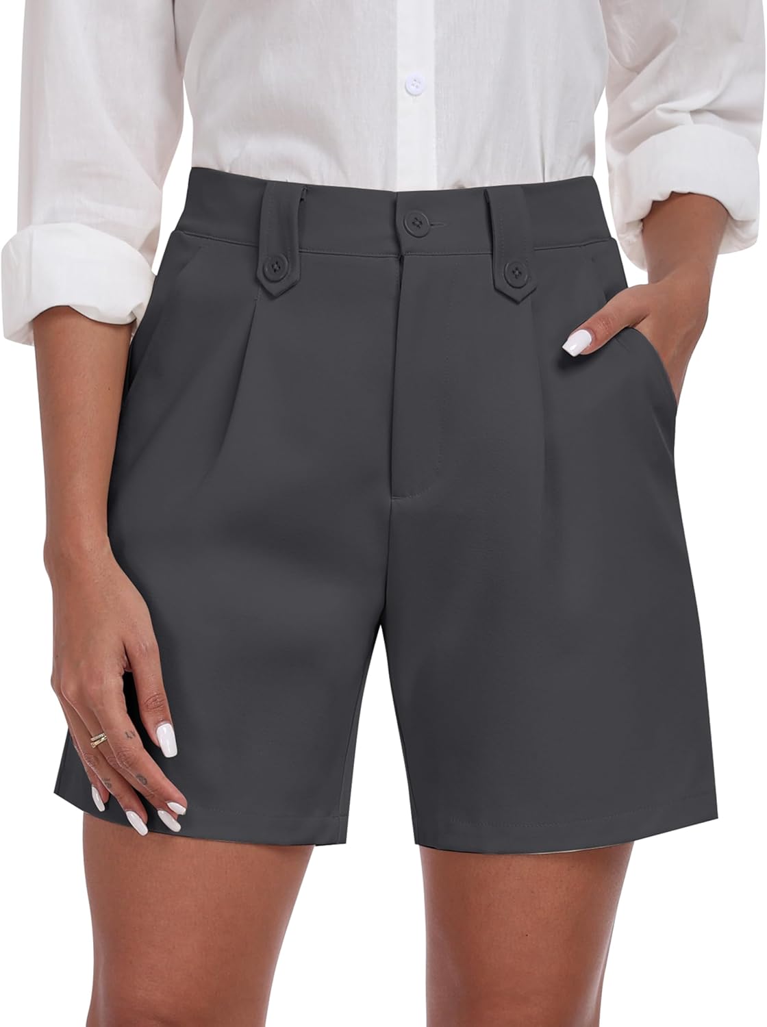 MoFiz Dress Shorts for Women Business Casual Summer Pleated Tailored Elastic Waist Work Office Trouser Shorts with Pockets - Image 4