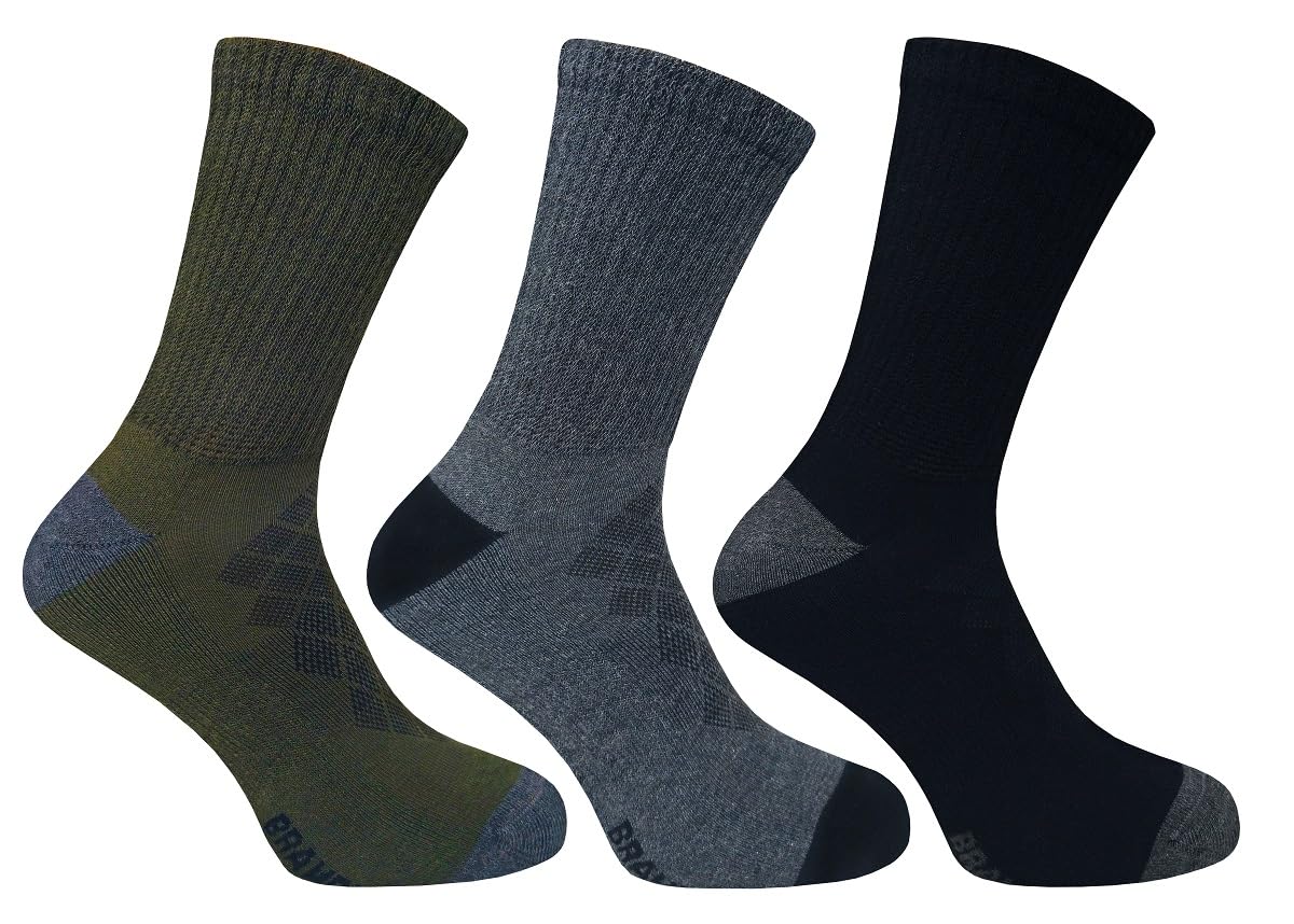 Bramble Men's Grey - Active Comfort Socks | 3 Pairs | U.k. Size 6-11 | Khaki, And Black Socks, Cotton Rich, Active, Outdoor Comfort Hiking, Outdoor Activity Socks