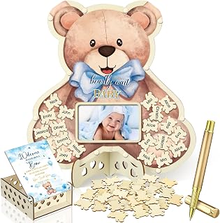 Wenqik 63 Pcs Bear Baby Shower Guest Book Alternatives Set Baby Shower Decorations with Photo Frame Sonogram Frame Keepsake 60 Wood Slices Guest Book for Birthday