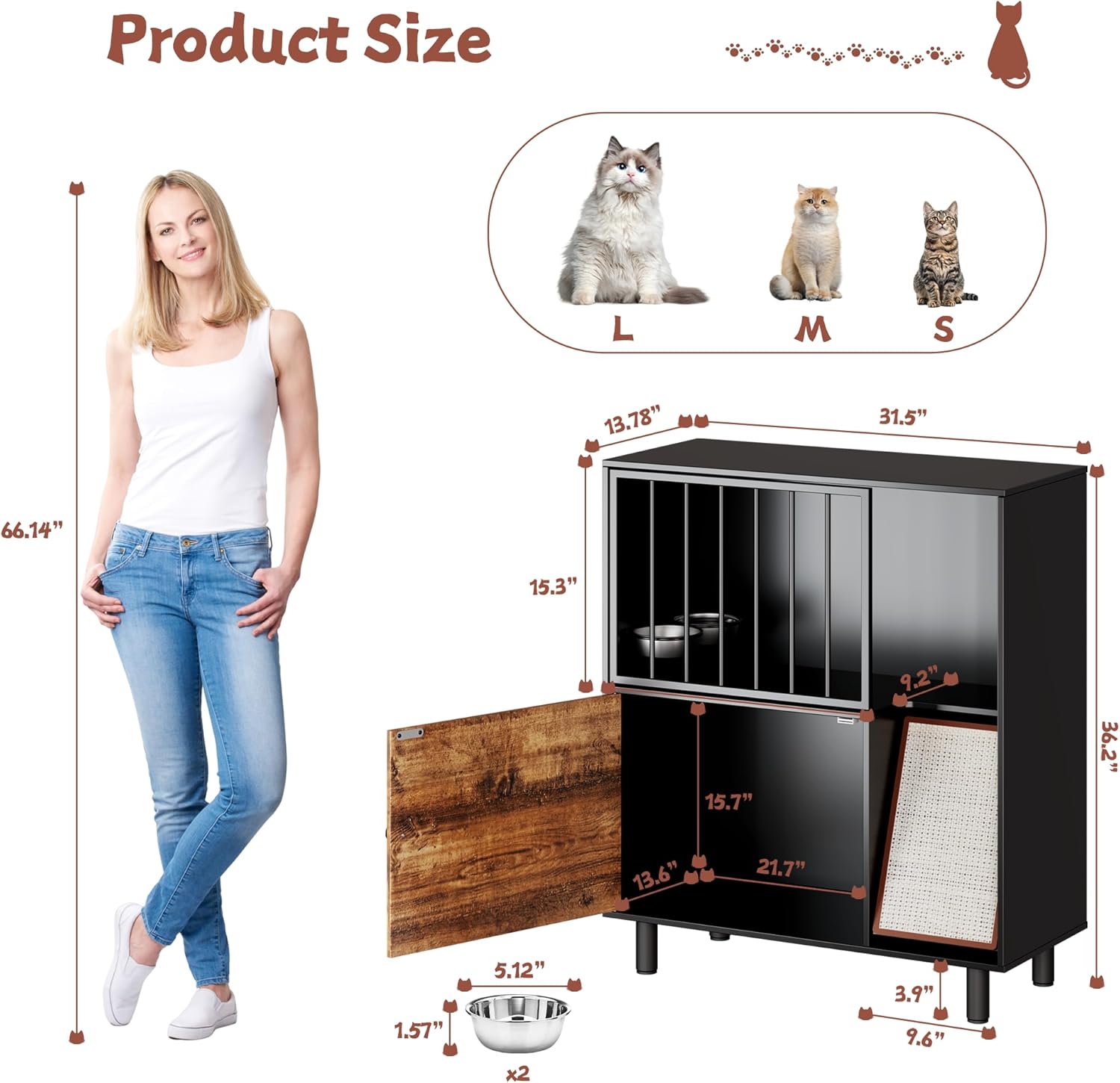 Dog Proof Cat Feeding Station, Cat Feeding Station Furniture with Storage and Cats Scratching Board, 2 Raised Pet Food and Water Bowl for Indoor Cats, Large Pet Cabinet