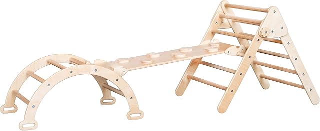 Woodandhearts Set of 3 Montessori Triangle Ramp Arch Climber Ladder Slide - Learning Toy for System (Small Size), Natural Wood