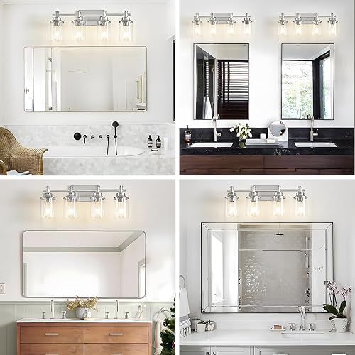 Miniatura 7 de Luminarias de baño de níquel cepillado sobre espejo, 4 luces, aplique de pared, lámpara de pared moderna con pantalla de vidrio transparente,