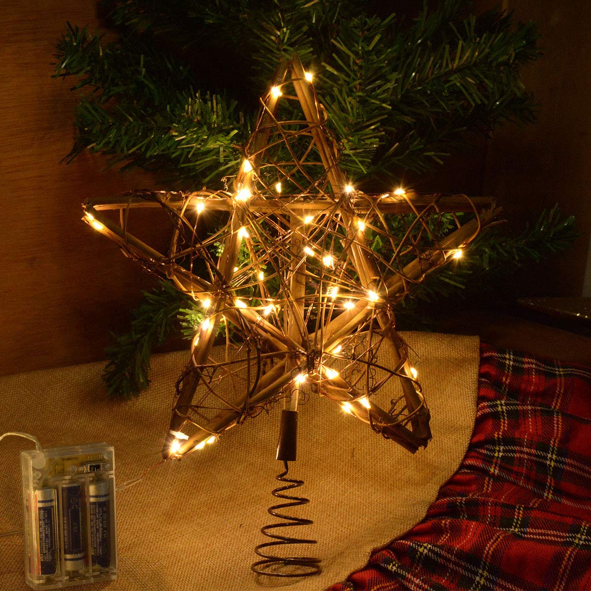 kingleder Star Tree Toppers Christmas Decorations, Lighted Rustic Rattan Star with Battery Operated Copper Wire Lights for Christmas Tree Decorations(Warm White)