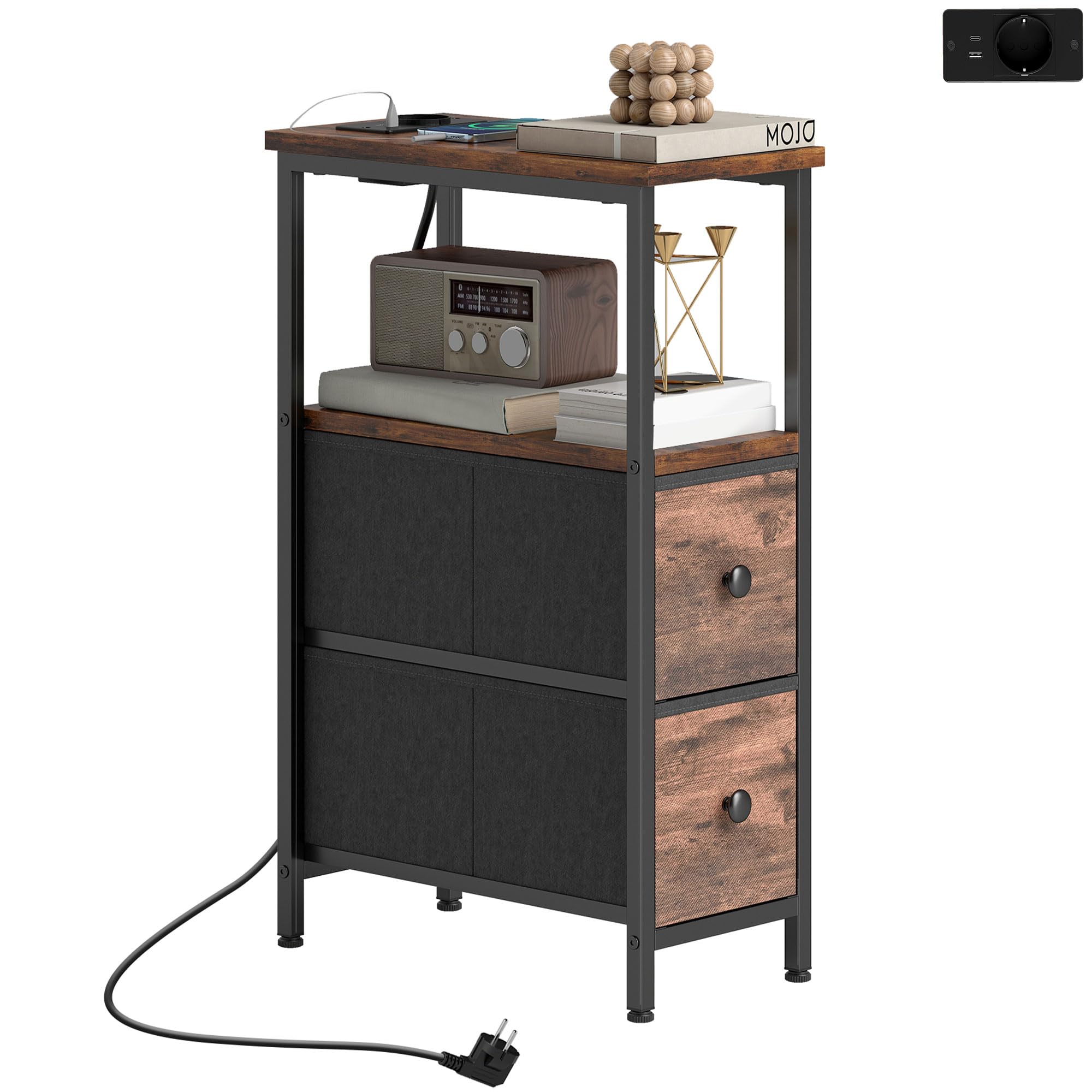 HOMCOM Couchtisch Beistelltisch mit Ladestation, Stahlrahmen Schmal Wohnzimmertisch mit 2 Stoffschublade, offen Fach, Steckdose, USB- und USB-C-Anschlüssen für Schlafzimmer kleinen Raum Rustikal-Braun