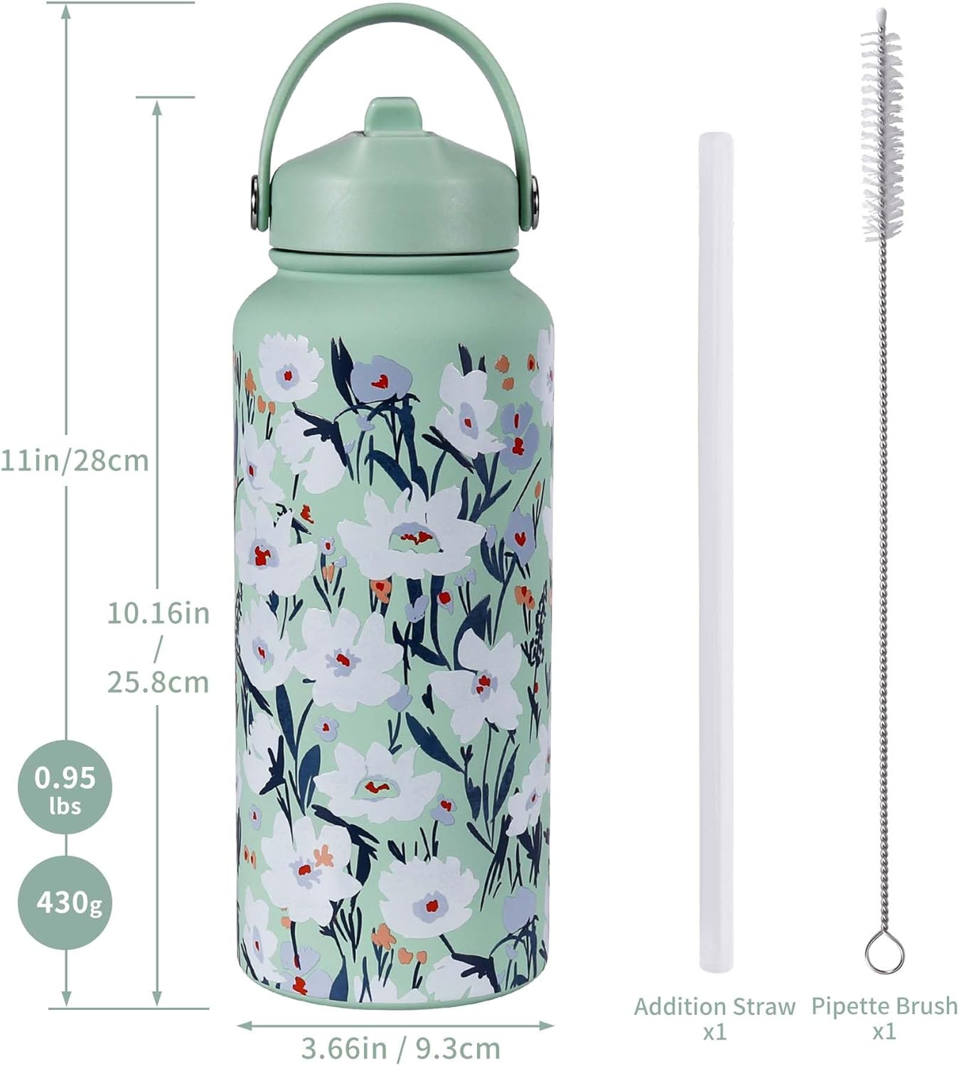 Goetland Flowers Water Bottle Beverage Bottle with Straw Lid 32 oz Stainless Steel Wide Mouth Vacuum Insulated Cute UV Printing Leak Proof For Women Girls Kids Light Green - Image 2