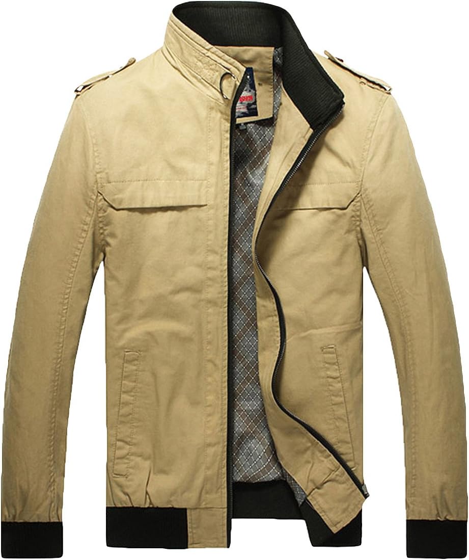 FGYP Men's Slim Fit Zip Jacket Coat Casual Jacket Khaki Windbreaker Coat L