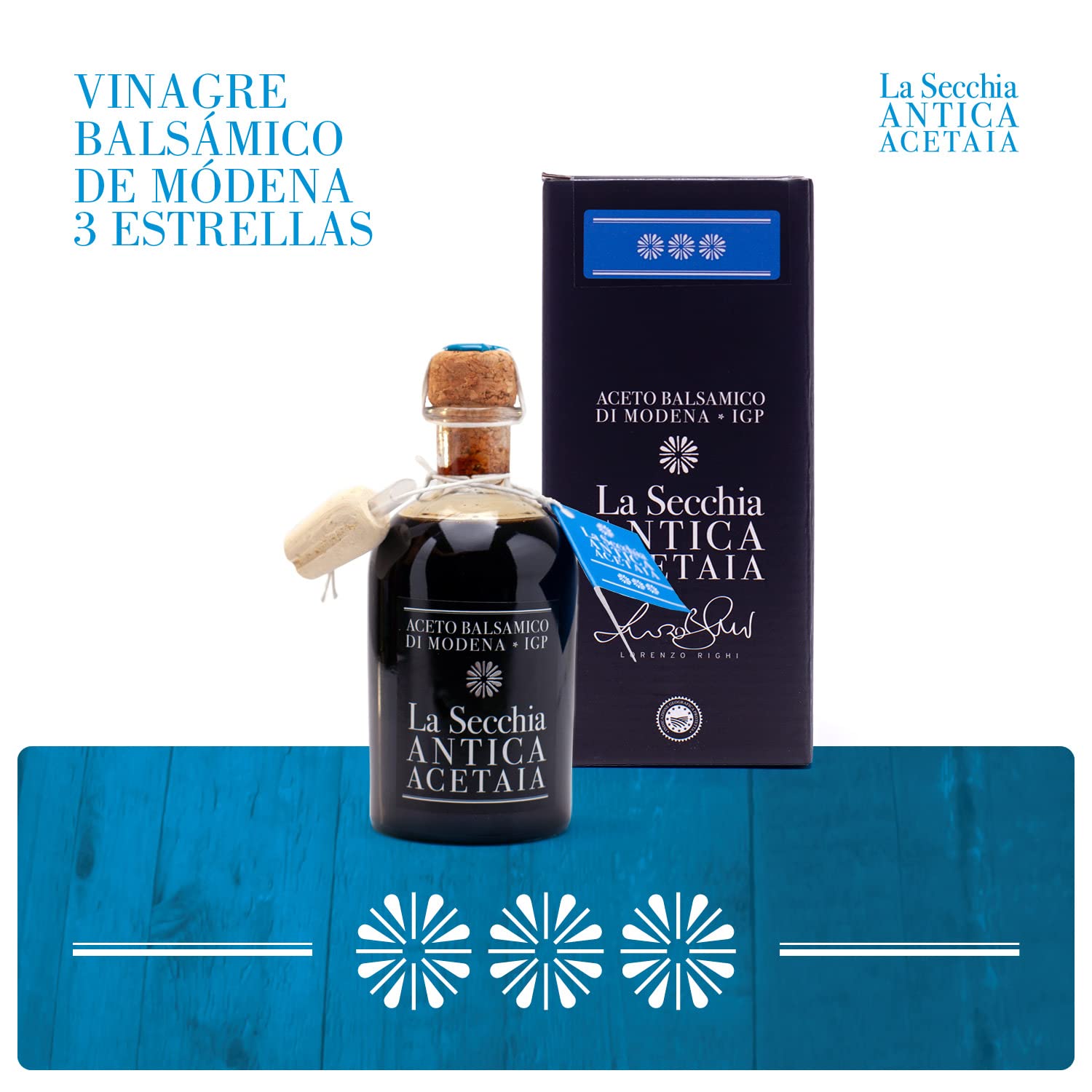 La Secchia - Aceto Balsámico de Módena IGP "Tres Estrellas", madurado en 12 barricas de Cerezo-Morera, densidad media, botella de 250 ml con tapón dosificador de corcho.