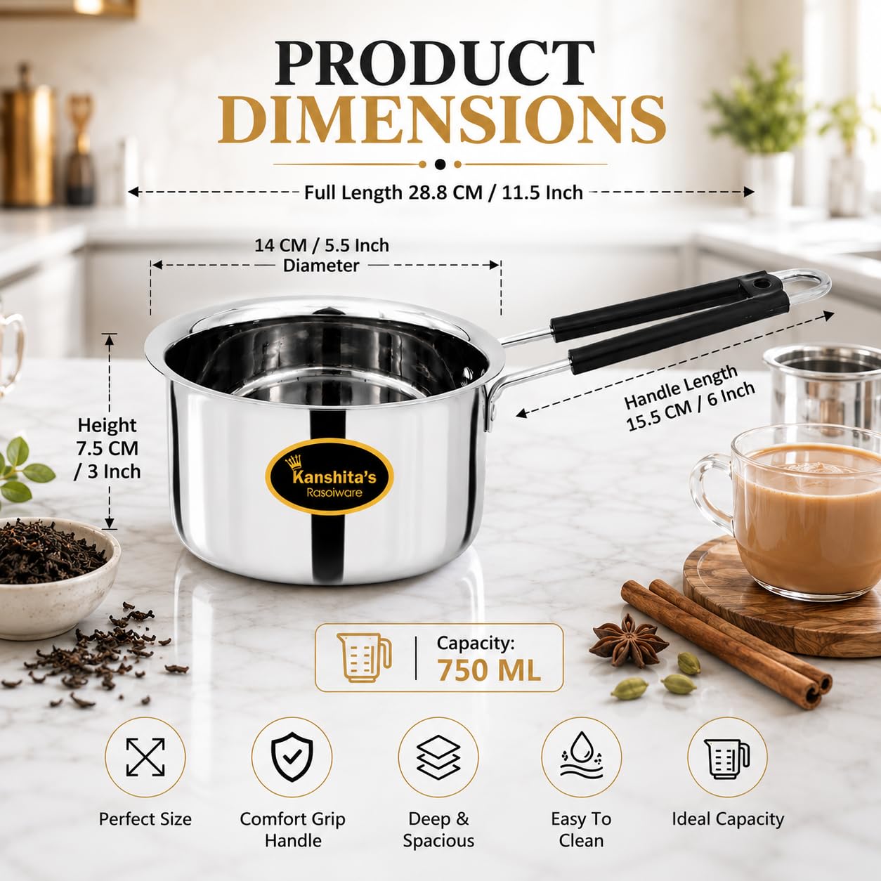 Kanshita's Rasoiware Cacerola de acero inoxidable de gran calibre, cacerola de té, utensilios de cocina de inducción de 750 ml