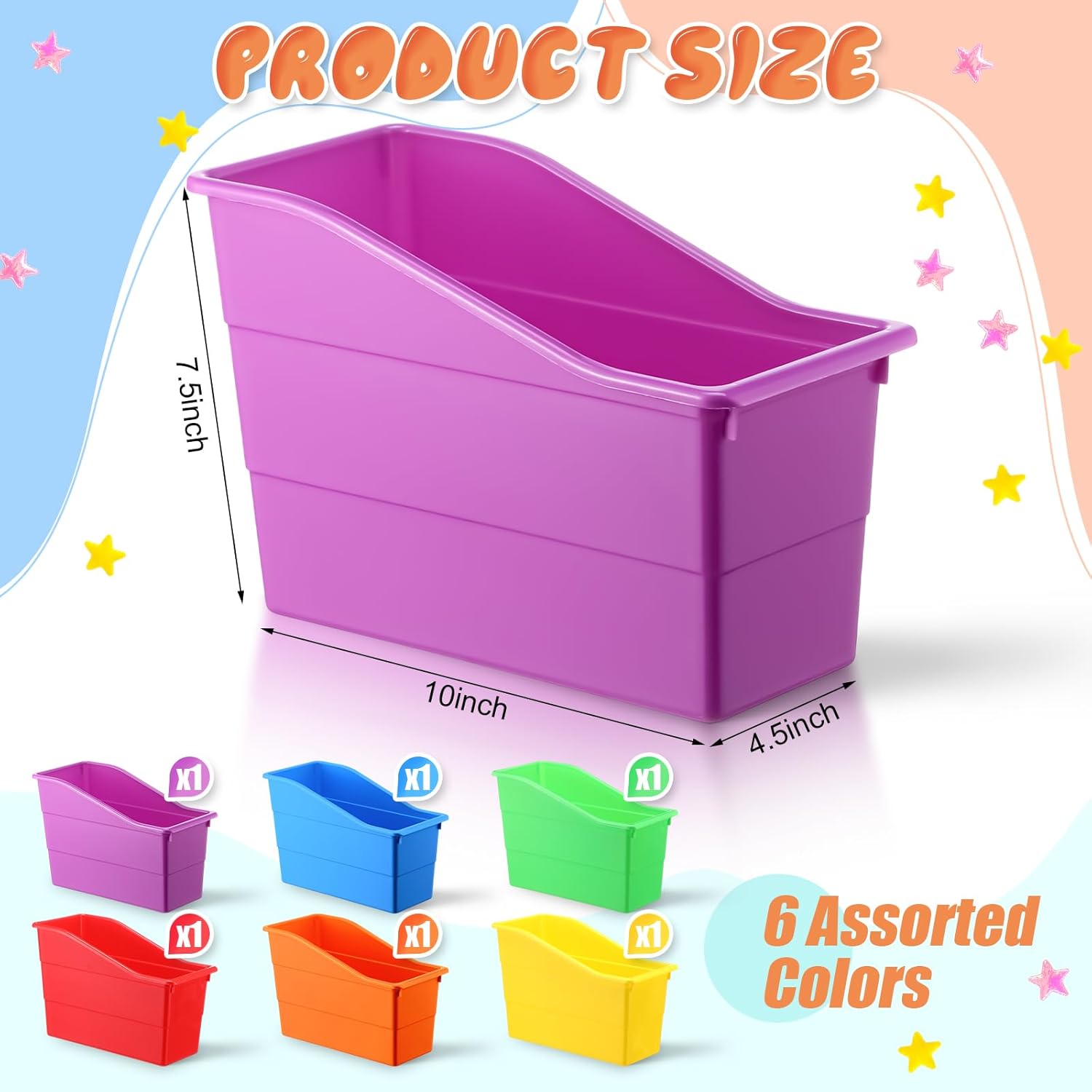 Affrolling 6 Packs Book Bins for Classroom Plastic Book Binder Holders Vertical Organizer Baskets Storage Boxes for Classroom Library Home Office Organization Stationery Supplies (Bright Colors)
