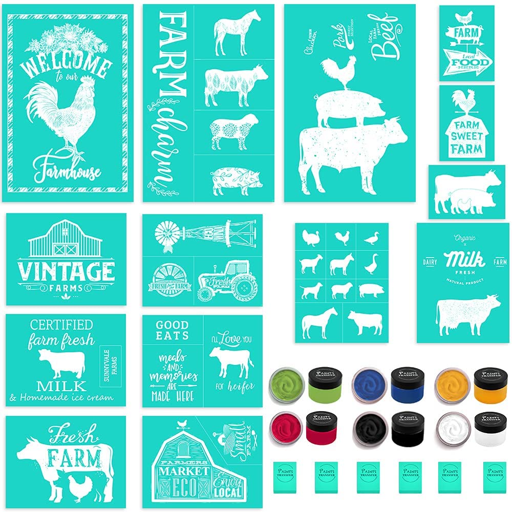 Chalk Stencils Transfers Starter Kit Silk Screen Stencils Farmhouse Silkscreen Self Adhesive Washable Reusable 14PC Kit PAINTS TRANSFER