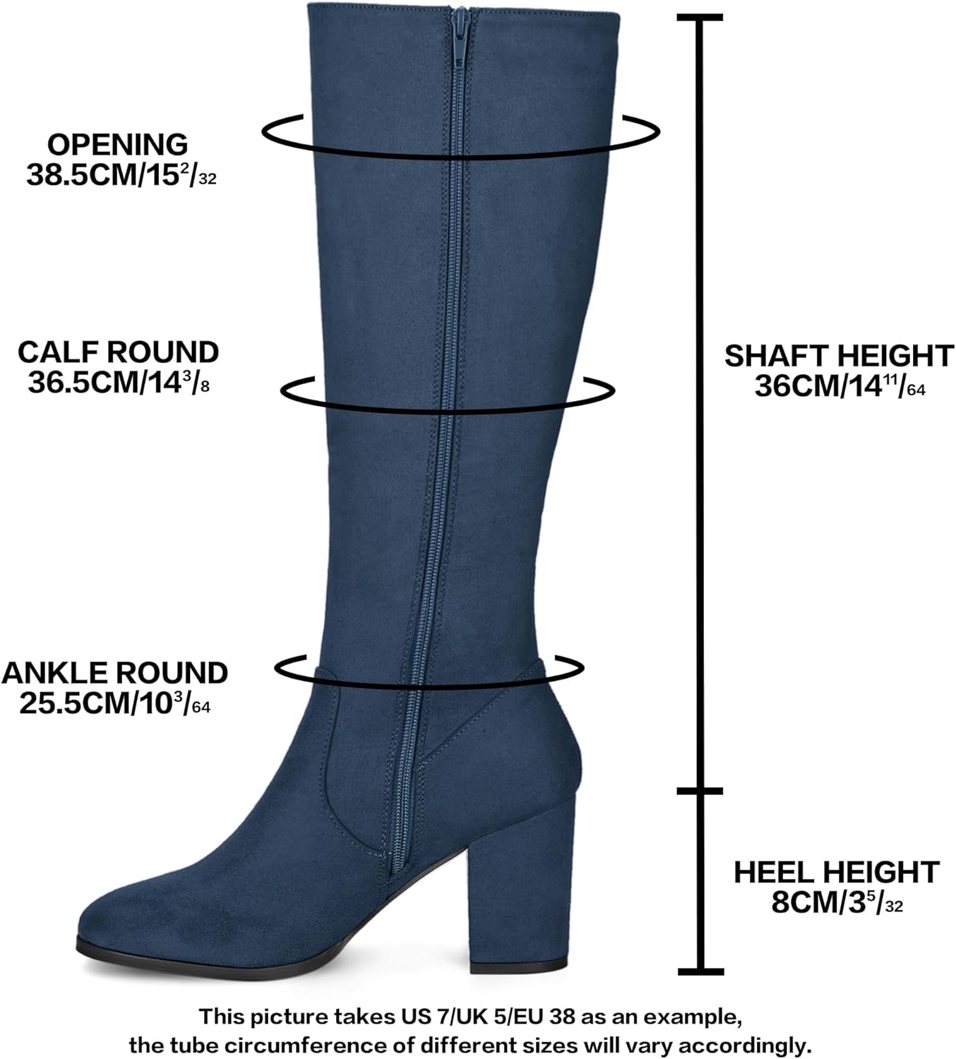 Allegra K Women's Side Zipper Chunky Heel Knee High Navy Blue Boots 9 M US - - Image 2