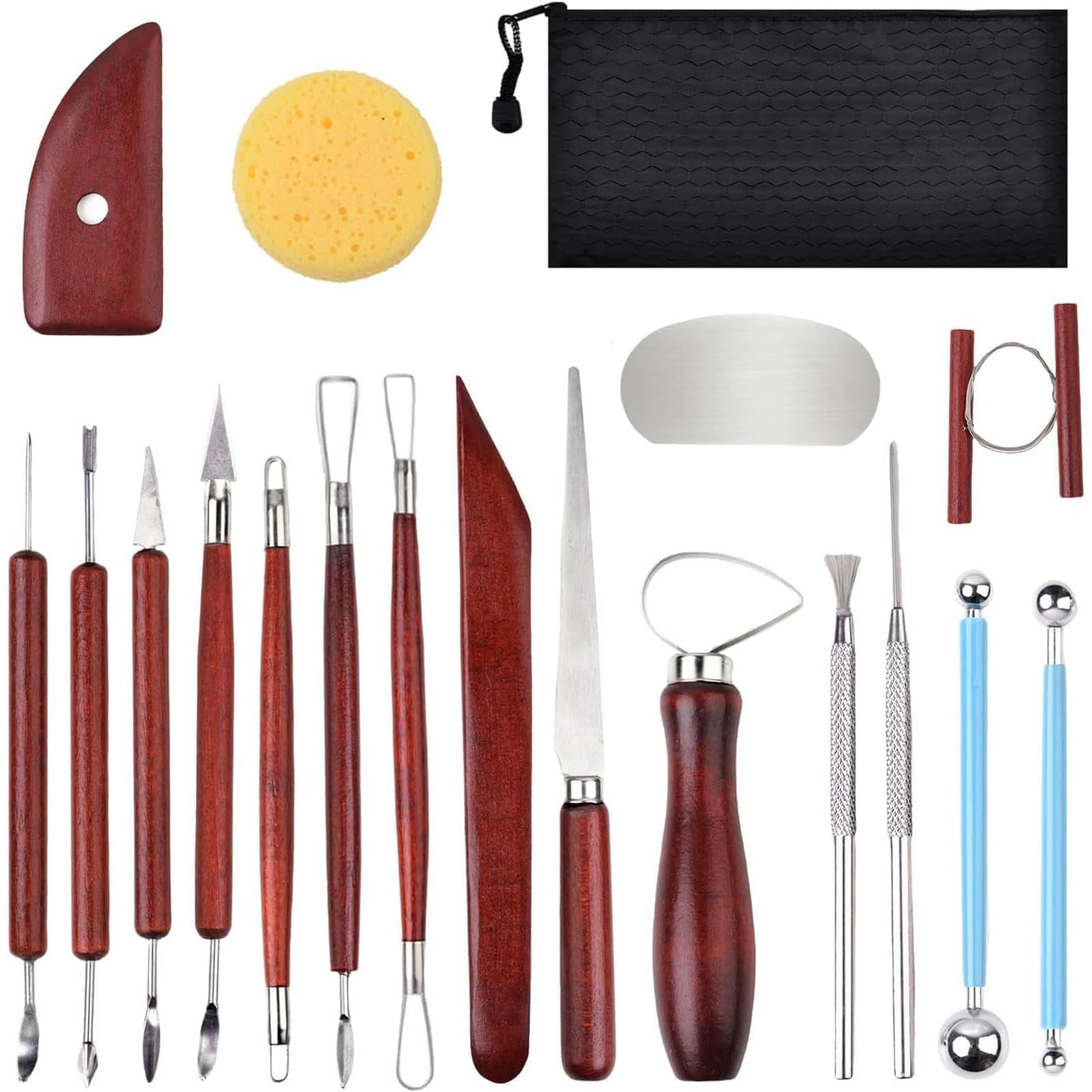 Joyzzz Clay Sculpting Tools, 18 PCS Polymer Clay Tools with Tool Bag, Clay Pottery Carving Tool Kit with Sturdy Stainless Steel and Wood, Clay Tools for Pottery Craft, Baking, Carving, Drawing