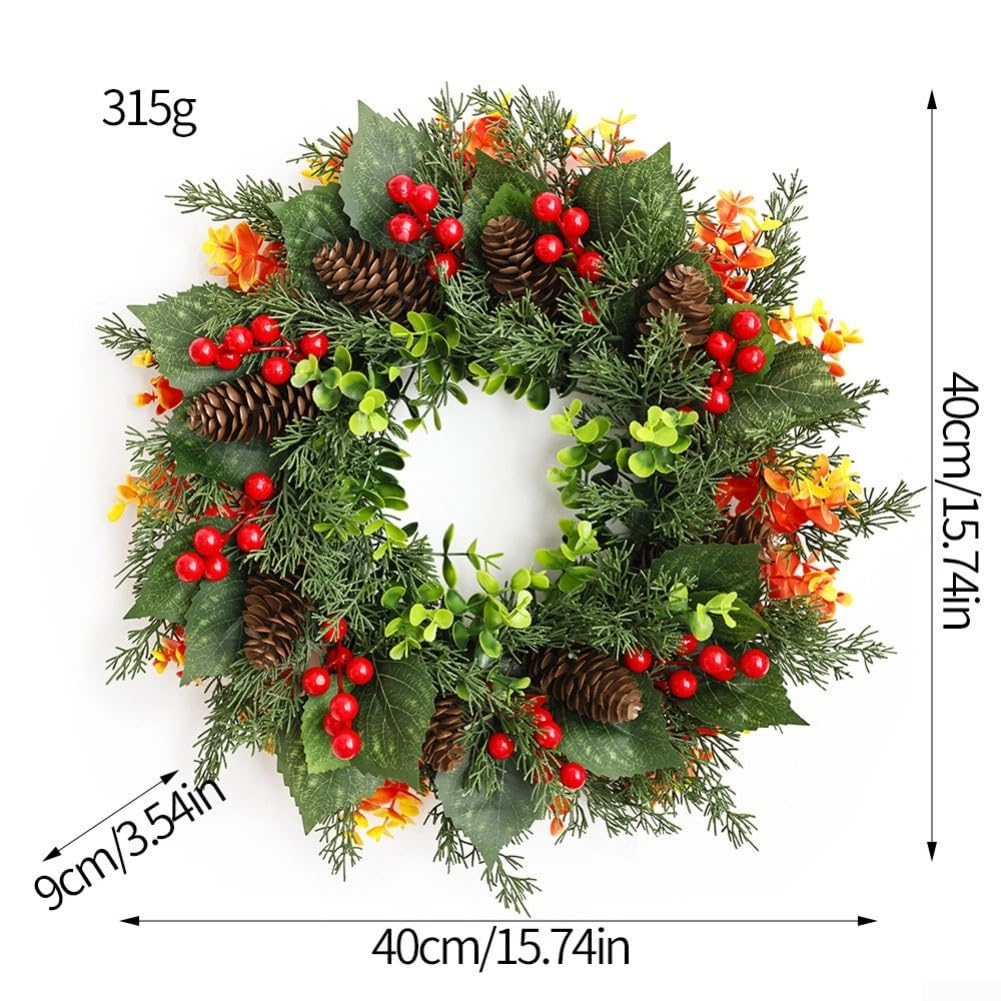 Zoegneer Corona de Navidad artificial de 40 cm con piñas y bayas rojas para decoración de vacaciones en interiores y exteriores, adorno de pared para puerta de casa, oficina, temporada de invierno