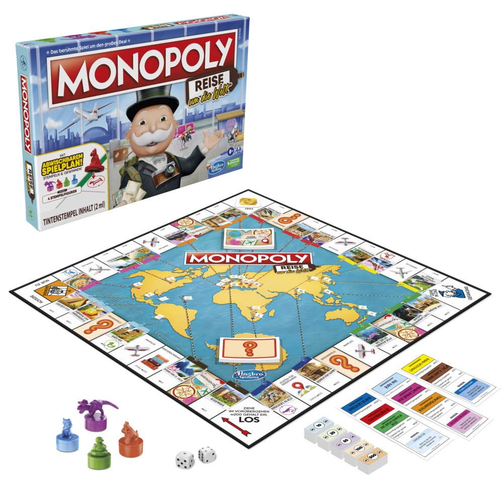 Hasbro Monopoly Reise um die Welt, Brettspiel für Kinder und Erwachsene, perfekt zum Mitnehmen und die Welt kennenlernen, mit dem bekannten Mr. Monopoly, ab 8 Jahre geeignet (deutsche Ausgabe)