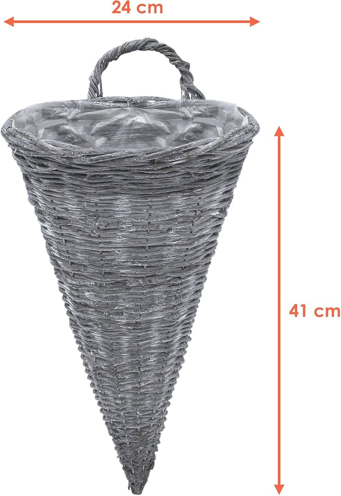 2er Set Weide Hängekörbe 29cm - Graue Rattan Blumenampeln Mit Metallkette Für Garten