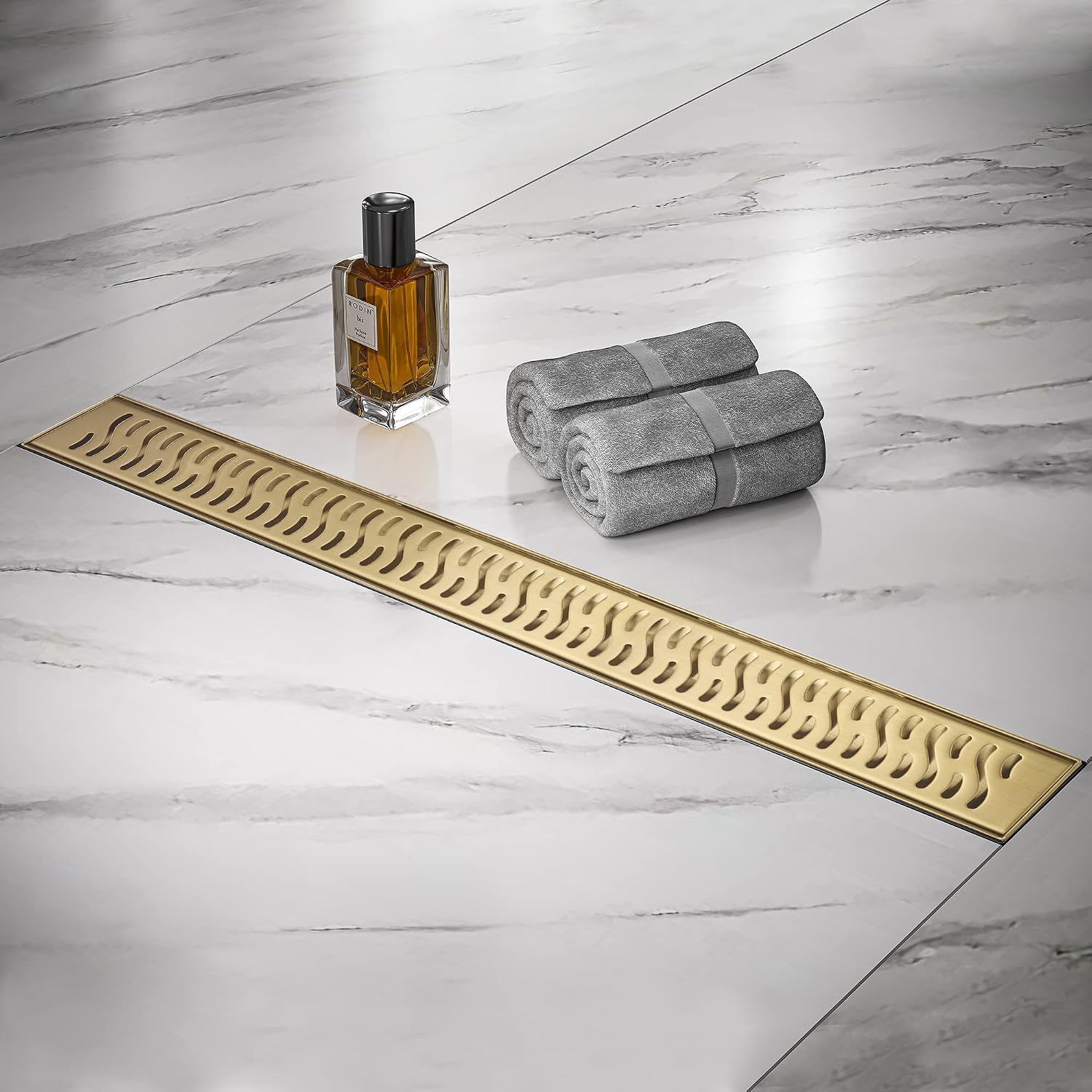 Linear Shower Drain 28 inch, Floor Drain with Removable Pattern Grate, 304 Stainless Steel Rectangular Linear Drain with Hair Strainer, CUPC Certified, Brushed Gold, SD-103