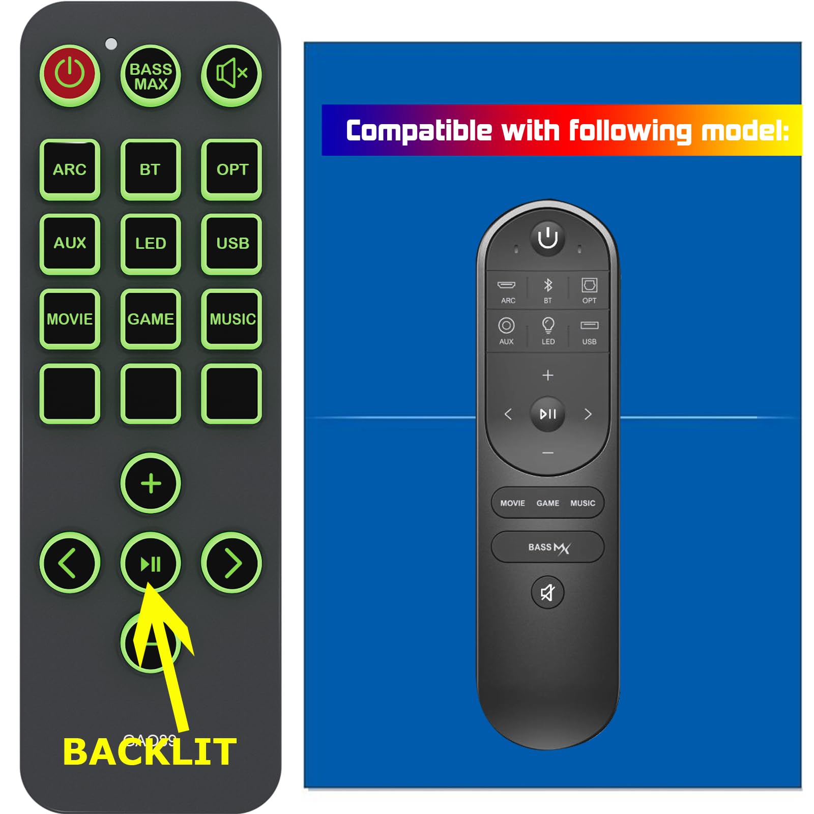 Replacement Remote Control for Ultimea Apollo Nova S50 Dolby U2120 Soundbar (with Green Backlight and Oversized Buttons)