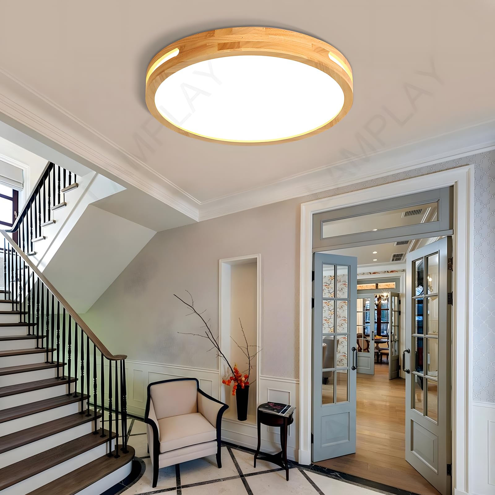 Lámpara De Techo Redonda De Madera, Ø40cm, Lámpara LED Regulable, Madera Natural Original, Control Remoto, 3000K-6000K, 30W, Diseño Hueco Lateral, Ideal Para Dormitorio Sala De Estar Estudio