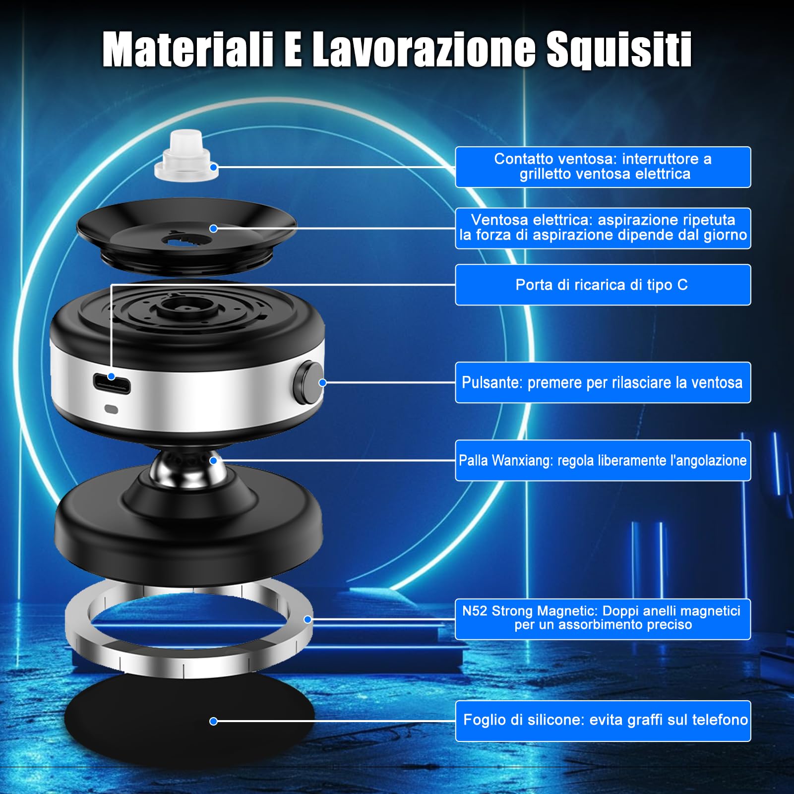 WODHMIEY Supporto Magnetico Sottovuoto Per Telefono Da Auto Con Rotazione A 360°, Design Double Face: Magnete E Vuoto, Adatto Per Auto, Case,Adatto Per metalliche (Argento,