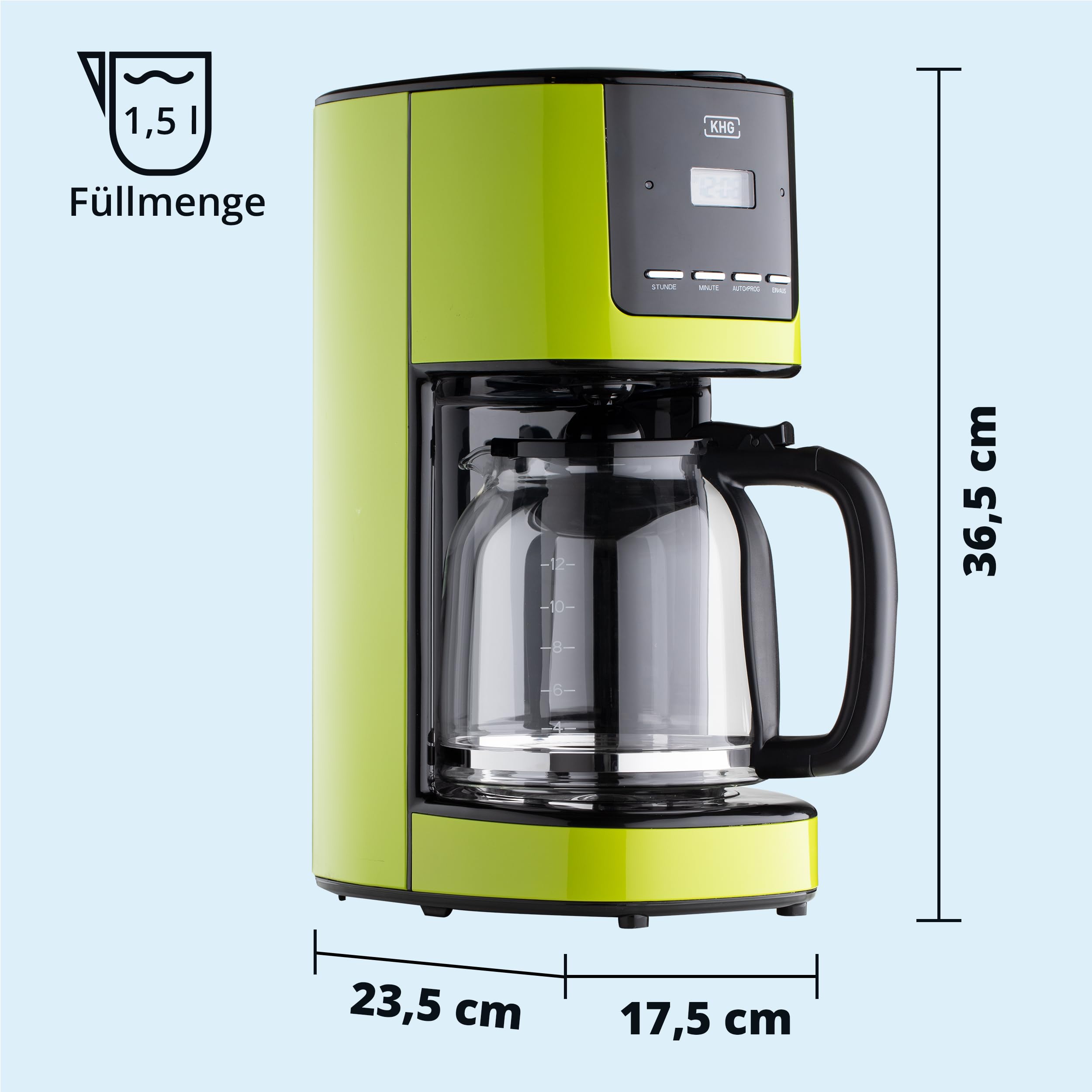 KHG Kaffeemaschine KA-184 (L) in Grün, 12 Tassen, 1,5L, 900W, Abschaltautomatik, Permanentfilter, Glaskanne und Filterhalter spülmaschinengeeignet, Timer-Funktion, LCD-Display, Tropfstopp