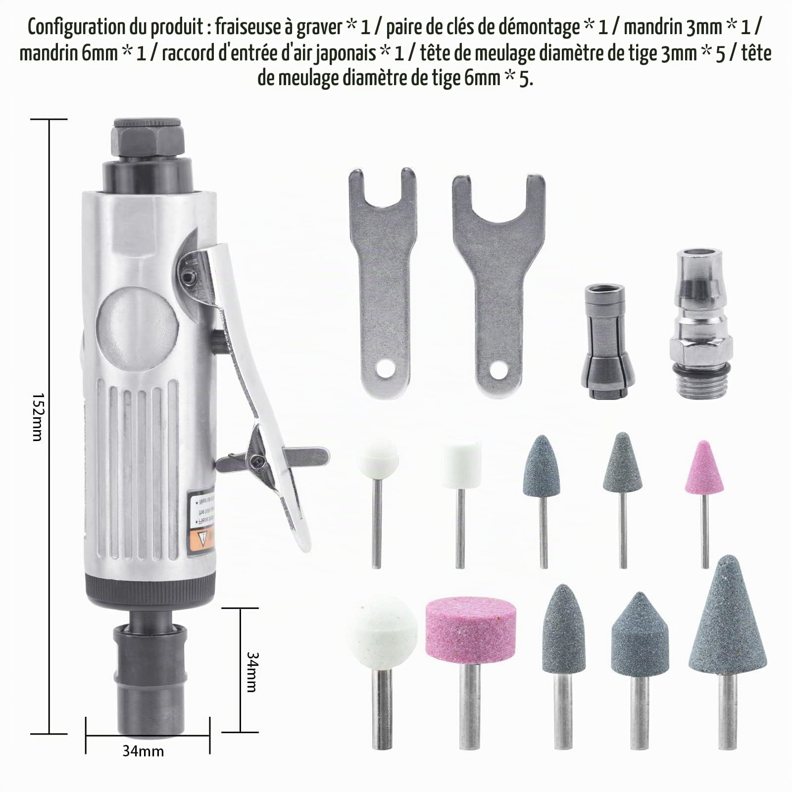 BIGP Set Meuleuse Droite, Air Meuleuse Meuleuse Pneumatique Outil Grinder Air Polissage Gravure Kit avec 10 broches de ponçage pour ponçage, polissage, gravure et ébavurage