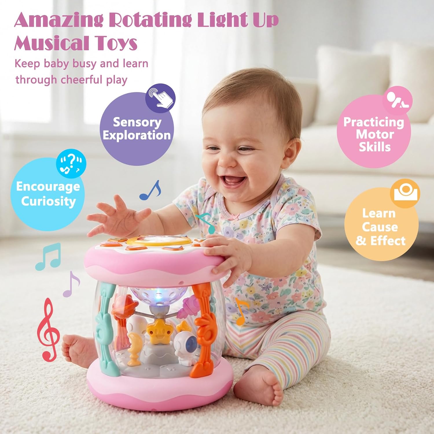 Baby Girl Toys 0-6 Months, Babies Outer Space Projector Rotating Musical Light Up Tummy Time Toy 6-12 Months, Crawling Learning Infant Toy for Toddlers 1 2 3 Years Old Newborn Birthday Gifts