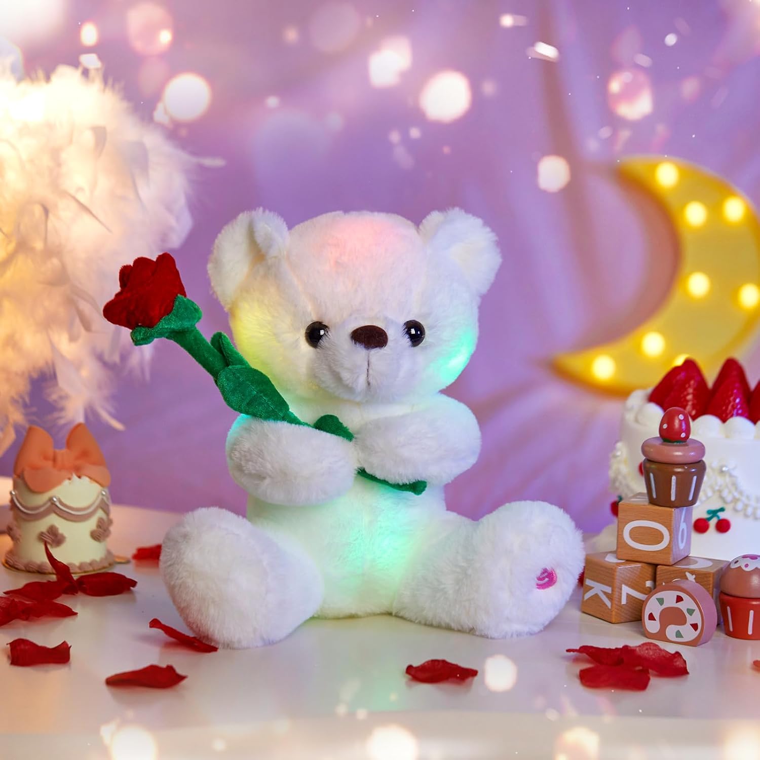 Houwsbaby Glow Teddy Bear with Rose White Bear Stuffed Animal Soft Light Up Plush Toy LED Night Lights Birthday Christmas for Kids Toddler Girlfriend,White,10.5''