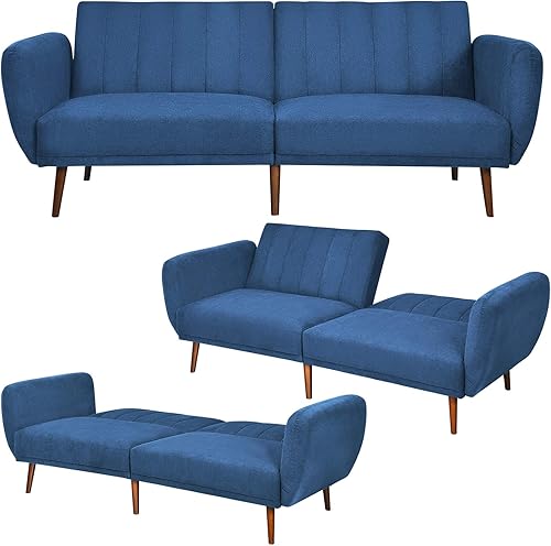 Miniatura 16 de KOMFOTT Sofá cama futón convertible, sofá biplaza de tela de lino moderno con respaldo dividido y ajustable, 6 patas de madera maciza, esponja de