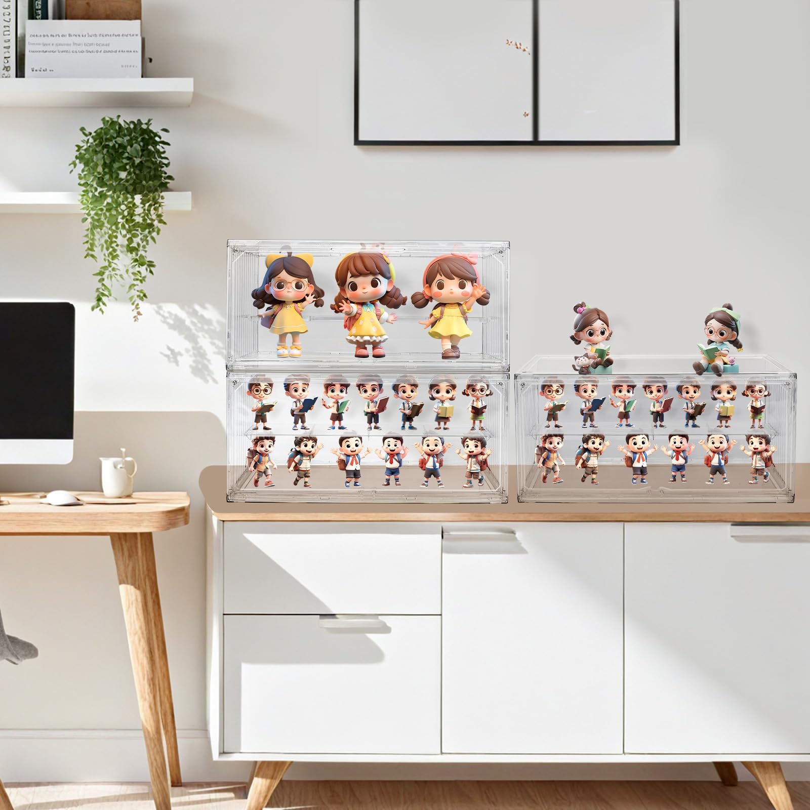 Vitrine En Acrylique Pour Figurines - Lot De 3, 2 étages, Empilable, Porte Magnétique, 36.8x16x17.8 Cm