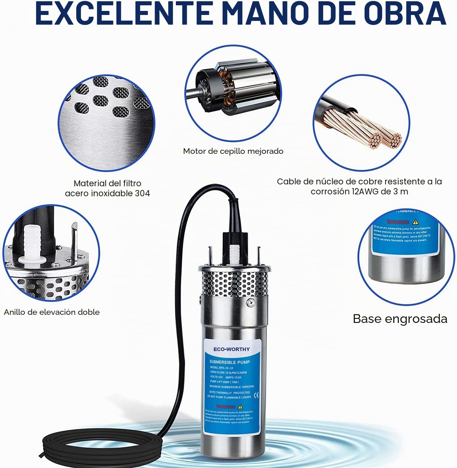 DCHOUSE Bomba Sumergible De Acero Inoxidable De 12 V, Elevación Máxima De 230 Pies, Bomba Sumergible Máxima De Agua De Pozo Profundo De 100 Pies, Bomba De Agua Con Energía Solar