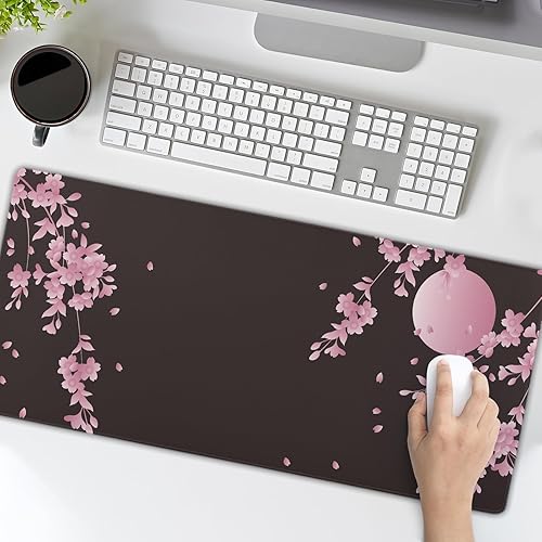 Miniatura 8 de Sakura - Alfombrilla de mouse extendida para juegos con base de goma antideslizante alfombrilla de mouse grande rosa de 315 x 118 pulgadas con borde