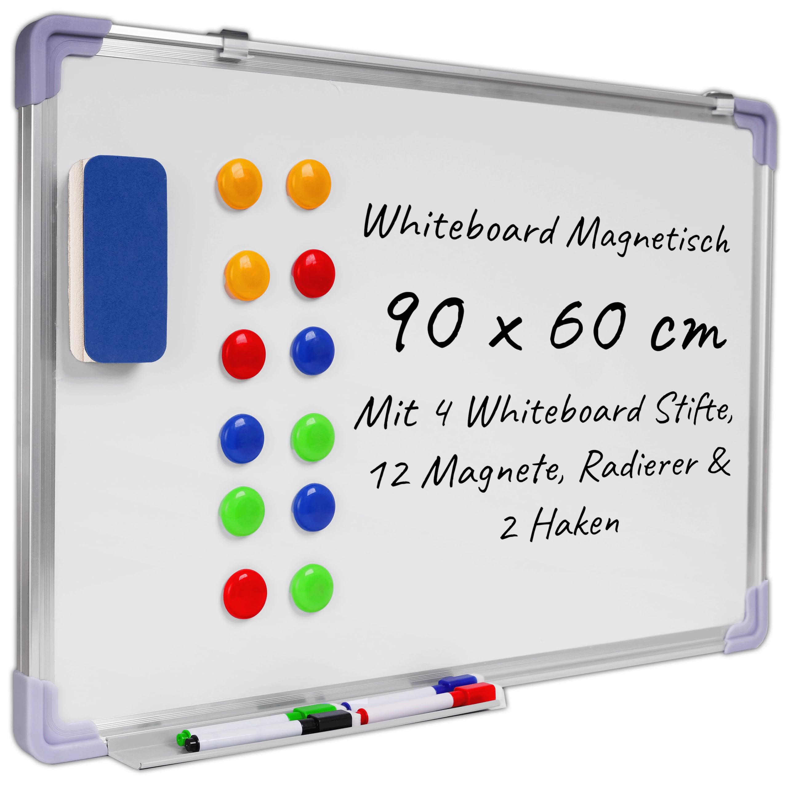 KRUMAD Tableau blanc magnétique 90 x 60 cm, avec 4 marqueurs pour tableau blanc et 12 aimants, tableau magnétique avec accessoires, tableau d'écriture effaçable avec cadre en métal, effaceur et 2