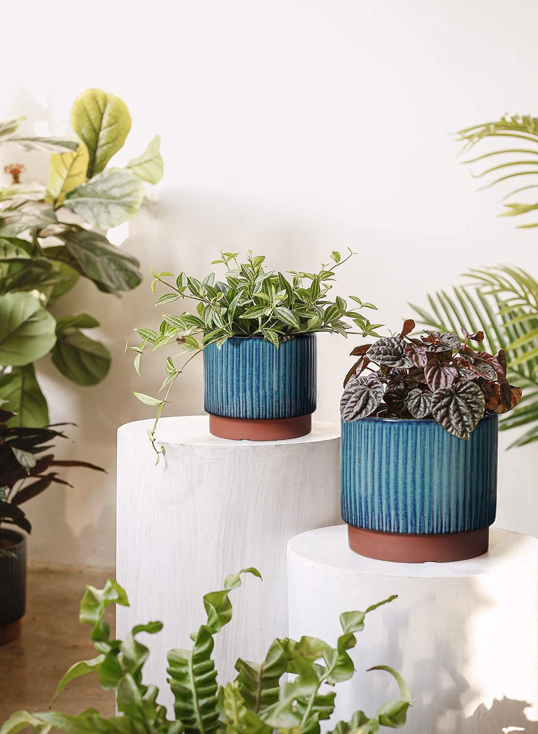 LE TAUCI Vasi per piante in ceramica, 20 + 16 + 14 cm con fori di drenaggio, uso interno/esterno, vasi da giardino a righe in stile moderno, verde smalto reattivo