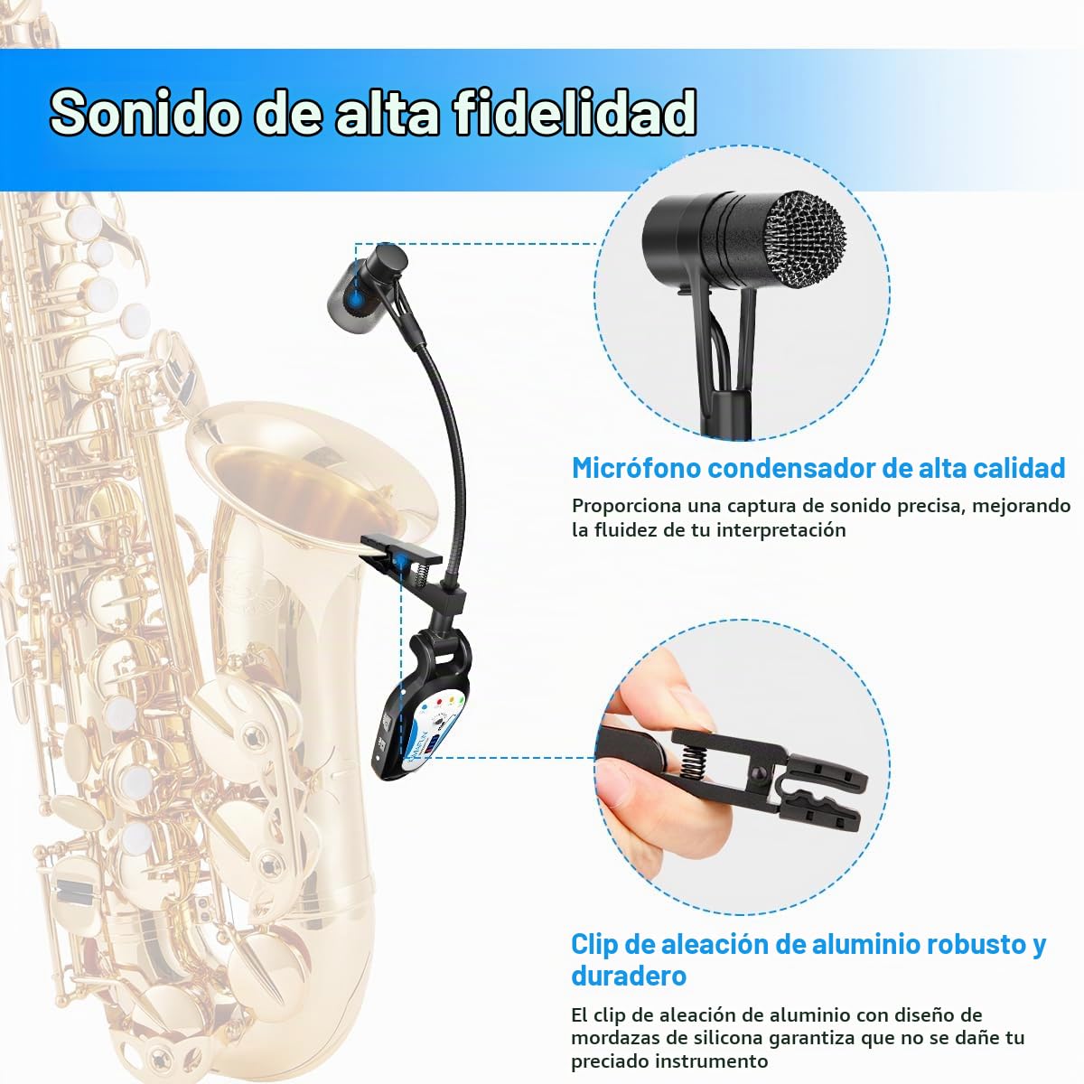 KIMAFUN Micrófono Inalámbrico para Saxofón 2.4G, Sistema de Micrófono Inalámbrico Clip-on para Instrumentos para Saxofón, Corno Francés, Trompeta, Trombón, G120