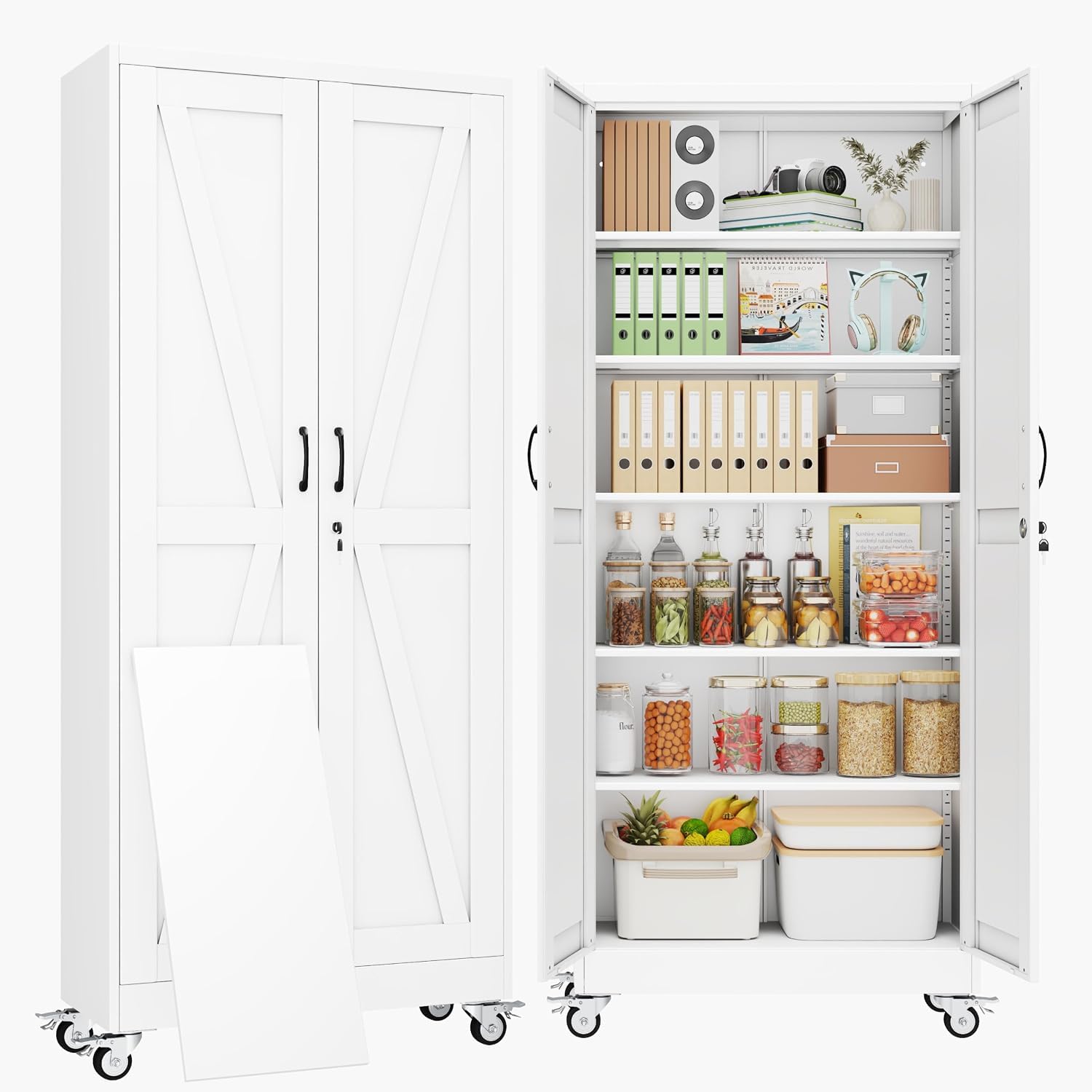 79" Metal Garage Storage Locker Cabinet with Wheels,Tall Rolling White Lockable Tool Cabinet with 2 Doors and 5 Adjustable Shelves, Steel File Cabinet for Home Office Warehouse Gym