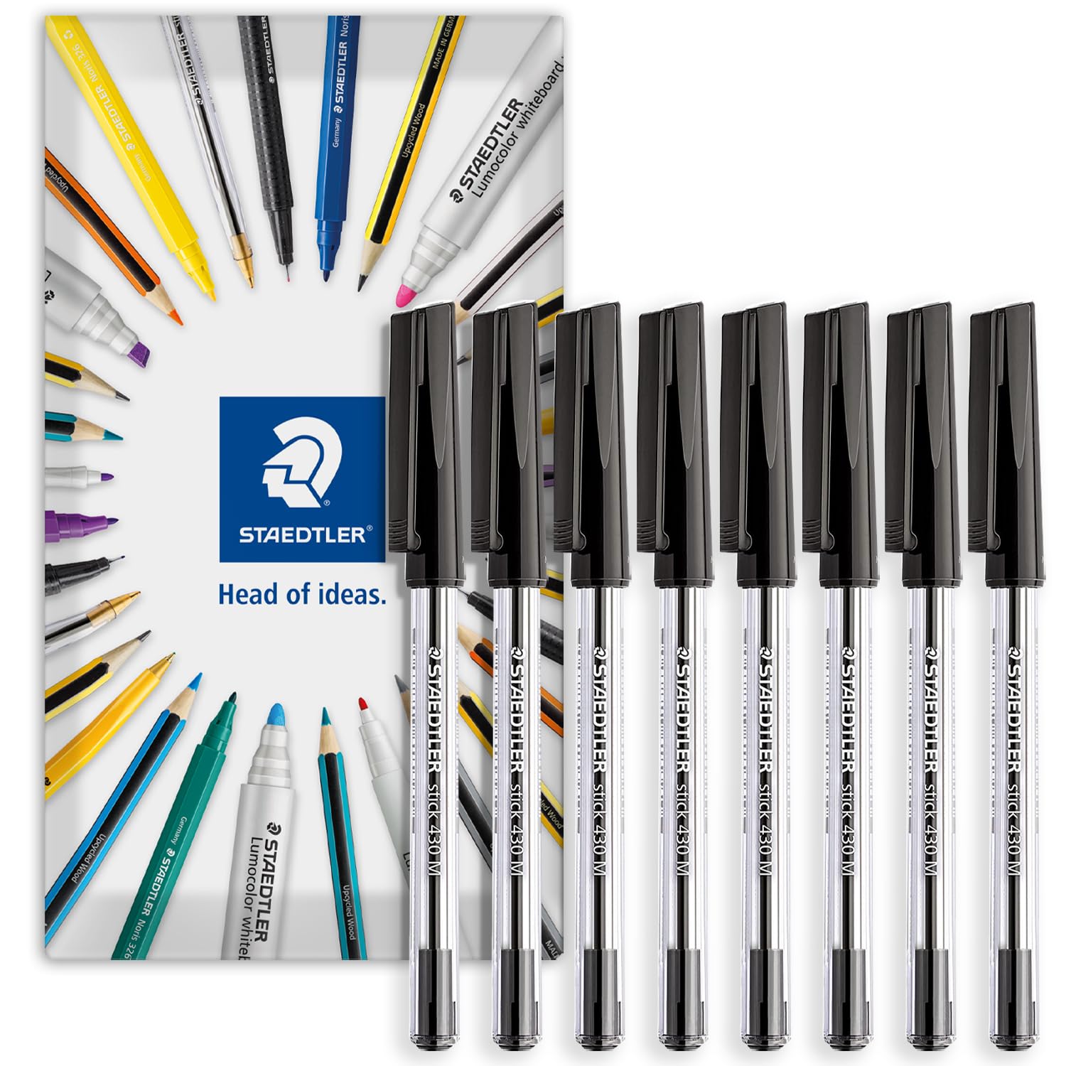 STAEDTLER stick 430M Ballpoint Pen - 0.5mm Medium Point - Pack of 8 in Envelope Packaging (Black)